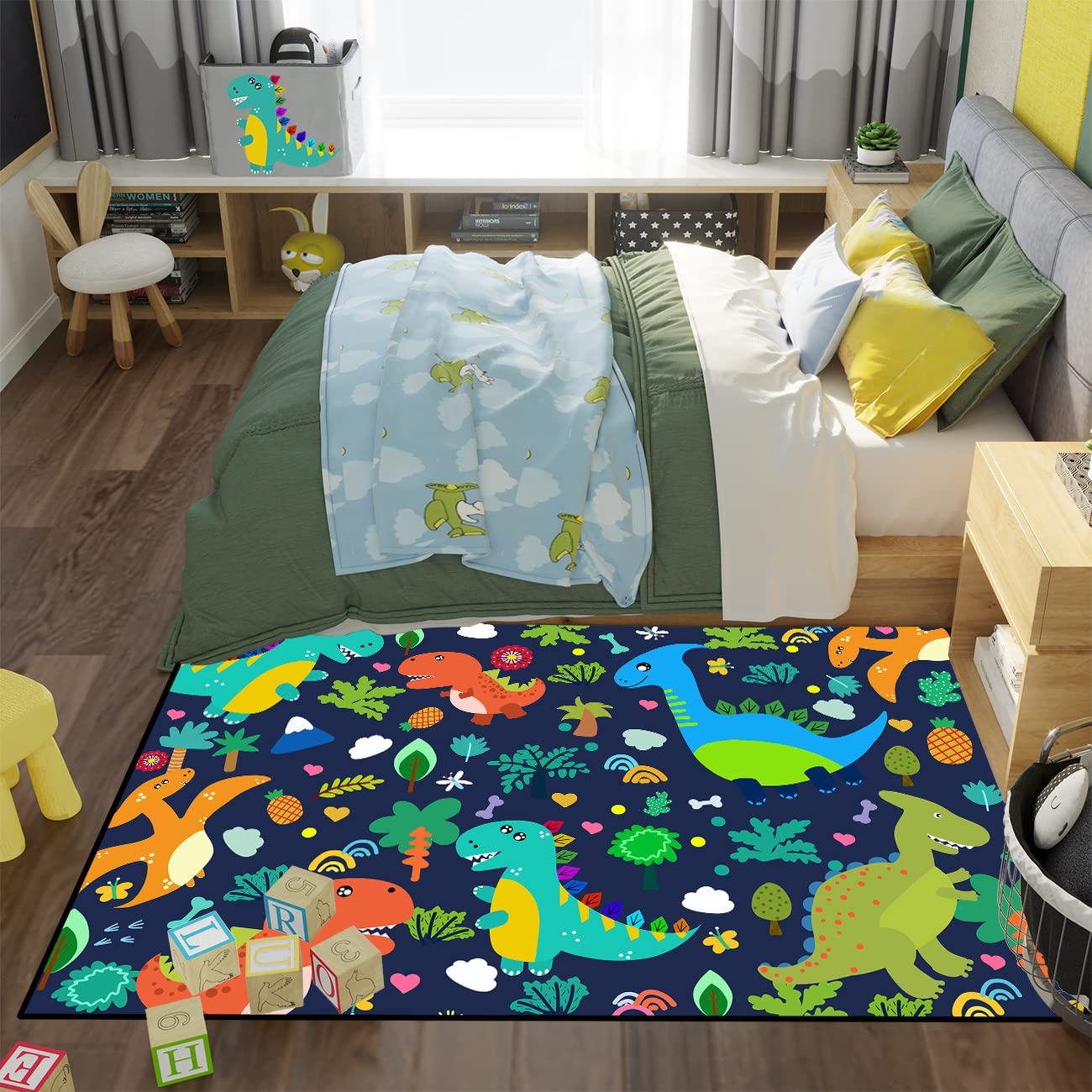Dinosaur Area Rug for Kids - 3'×5' Blue Cartoon Dinosaur Rug with Leaves Print | Soft Playroom Rug for Boys Bedroom, Classroom & Nursery Decor | Perfect for Playtime, Learning & Dinosaur-Themed Rooms