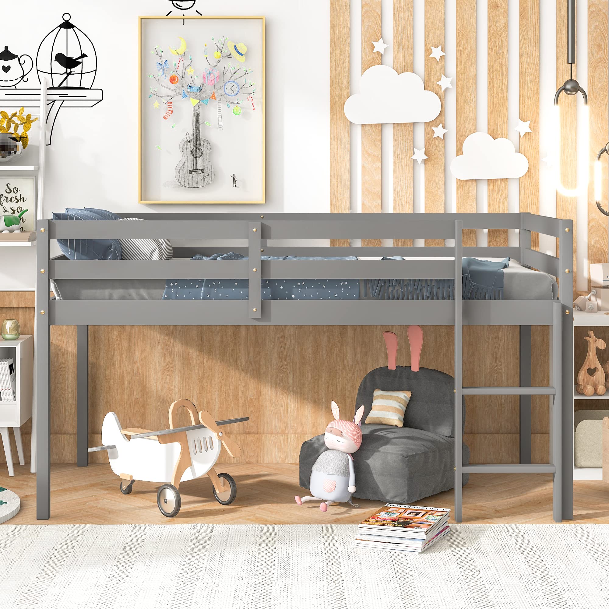 **Solid Wood Twin Loft Bed for Kids with Ladder & Guard Rail - Sturdy Low Bunk Bed Frame for Boys & Girls - No Box Spring Needed - Easy Assembly (Grey) - Perfect for Small Bedrooms, Dorms & Kids' Rooms**