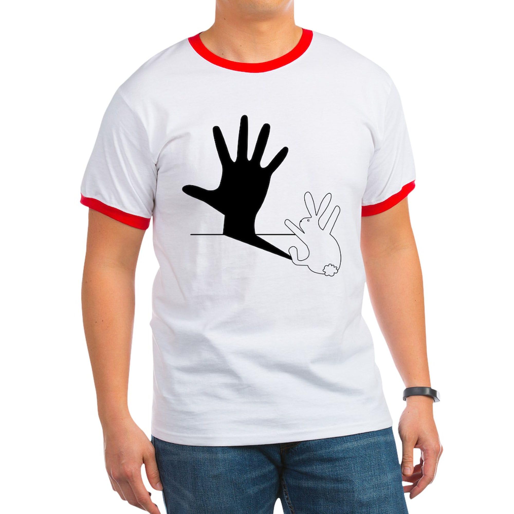 Vintage Rabbit Hand Shadow Graphic Men's Ringer T-Shirt - Retro Style Cotton Tee for Casual Wear, Street Fashion & Gift Giving
