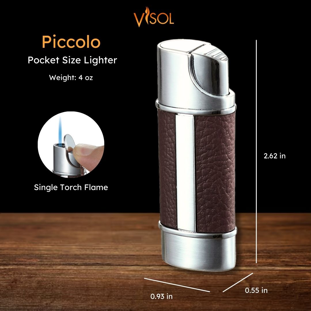 Premium Piccolo Brown Leather Single Torch Lighter - Elegant & Durable for Cigars, Candles & Outdoor Use