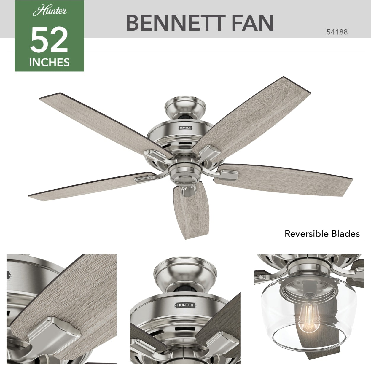 Hunter 52 Inch Bennett Brushed Nickel Ceiling Fan with Light Kit - Energy Efficient Indoor/Outdoor Ceiling Fan for Living Room, Bedroom, Patio & Covered Porch