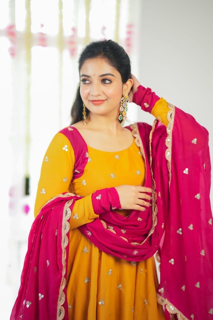 DD584 Trisha Yellow Anarkali Dress - Elegant Indian Ethnic Wear for Women, Perfect for Weddings, Festivals & Special Occasions