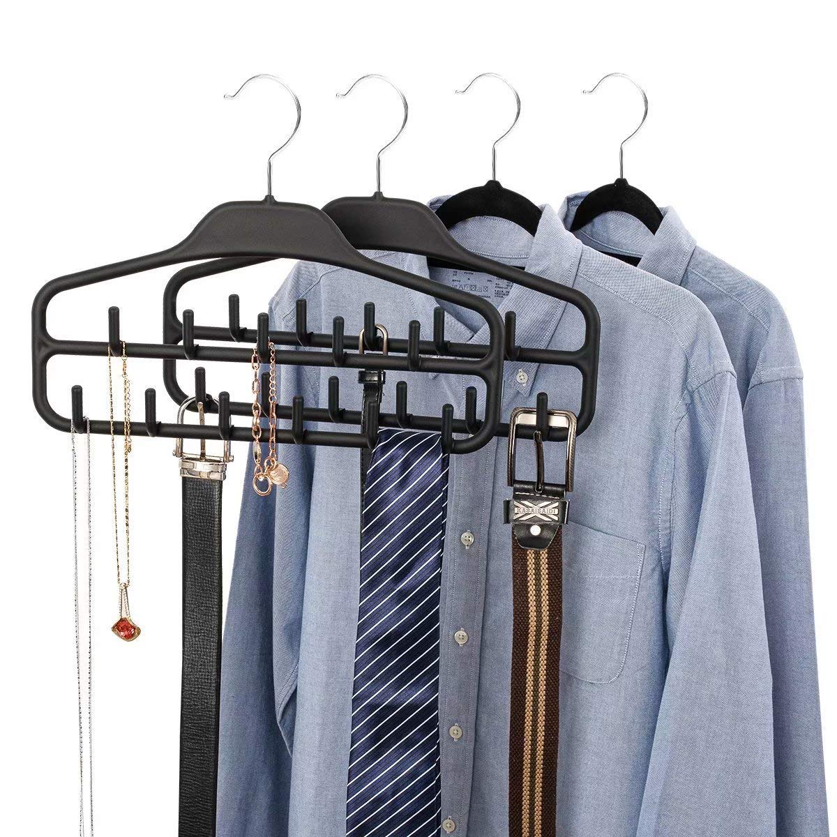 FairyHaus 2-Pack Non-Slip Belt & Tie Hanger Organizer - Durable Closet Hooks for Belts, Ties, Jewelry, Scarves (Black) - Perfect for Closet, Bedroom & Travel Organization