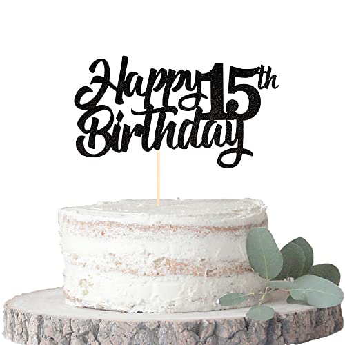 1 Pack Happy 15th Birthday Cake Topper - Glitter 15th Birthday Cake Decorations - Cheers to 15 Years Old - Fifteen Fabulous Cake Picks for 15th Birthday Party Supplies (Black) - Perfect for Sweet 16 Theme Parties & Milestone Celebrations