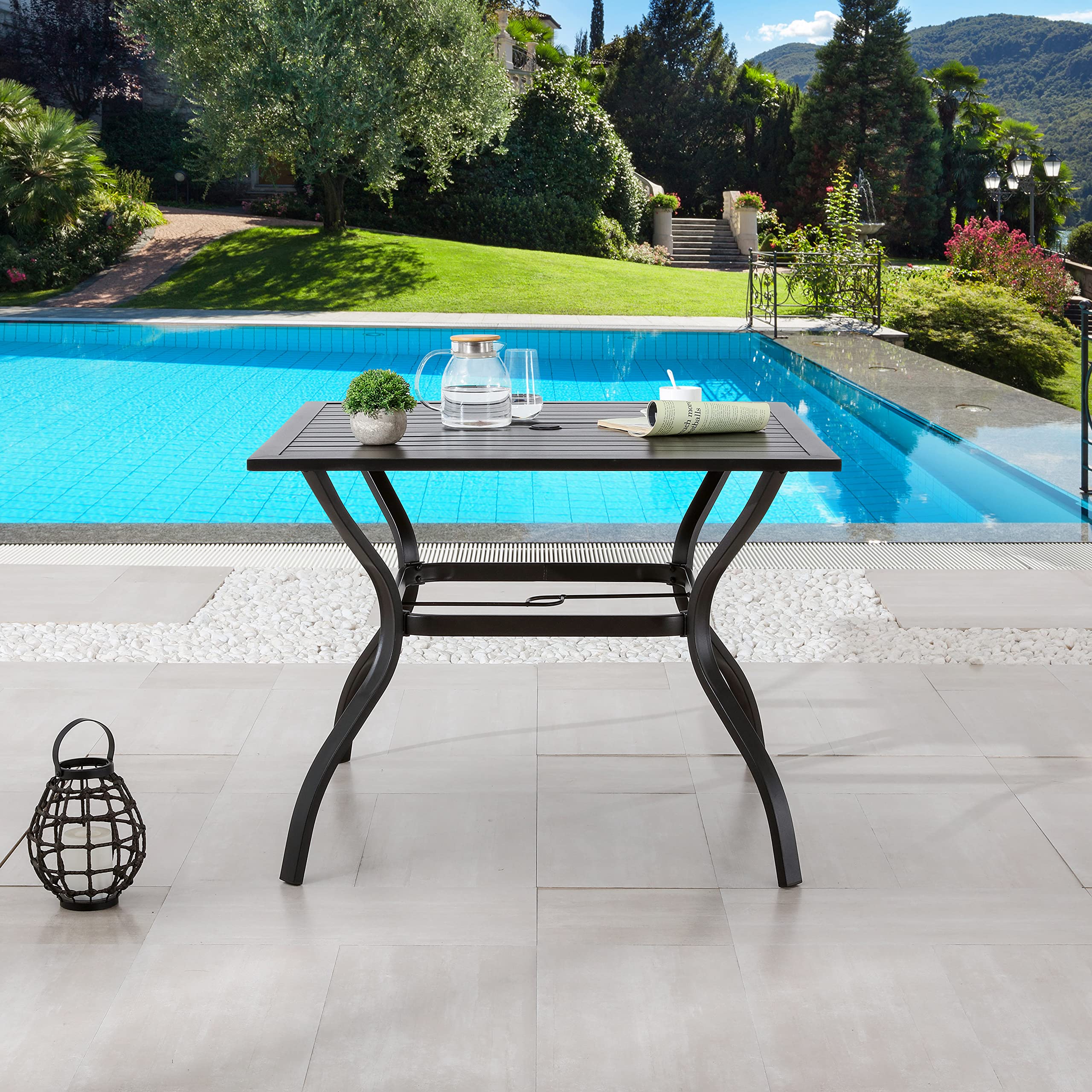 LOKATSE HOME 37 Inch Square Outdoor Patio Dining Table with Umbrella Hole - Durable Metal Steel Frame in Black - Perfect for Backyard, Garden, Poolside & BBQ Parties