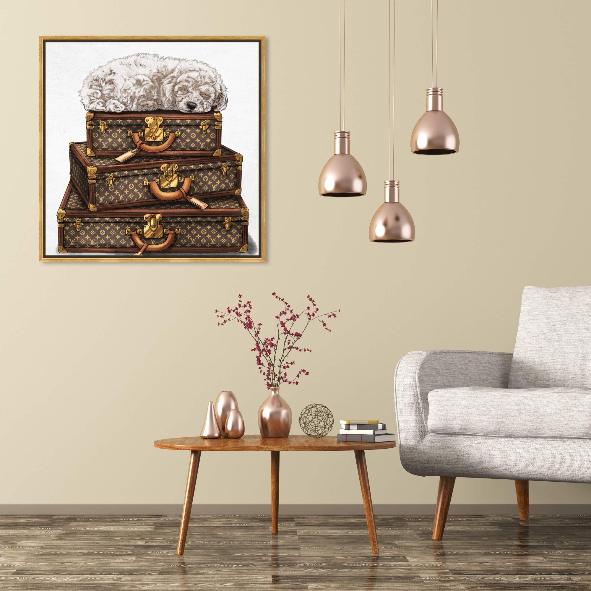 Oliver Gal Artist Co. Framed Wall Art Canvas Print - Sleeping Poodle White - 30x30 Inches Brown & Gold - Fashion Glam Home Decor for Living Room, Bedroom & Office