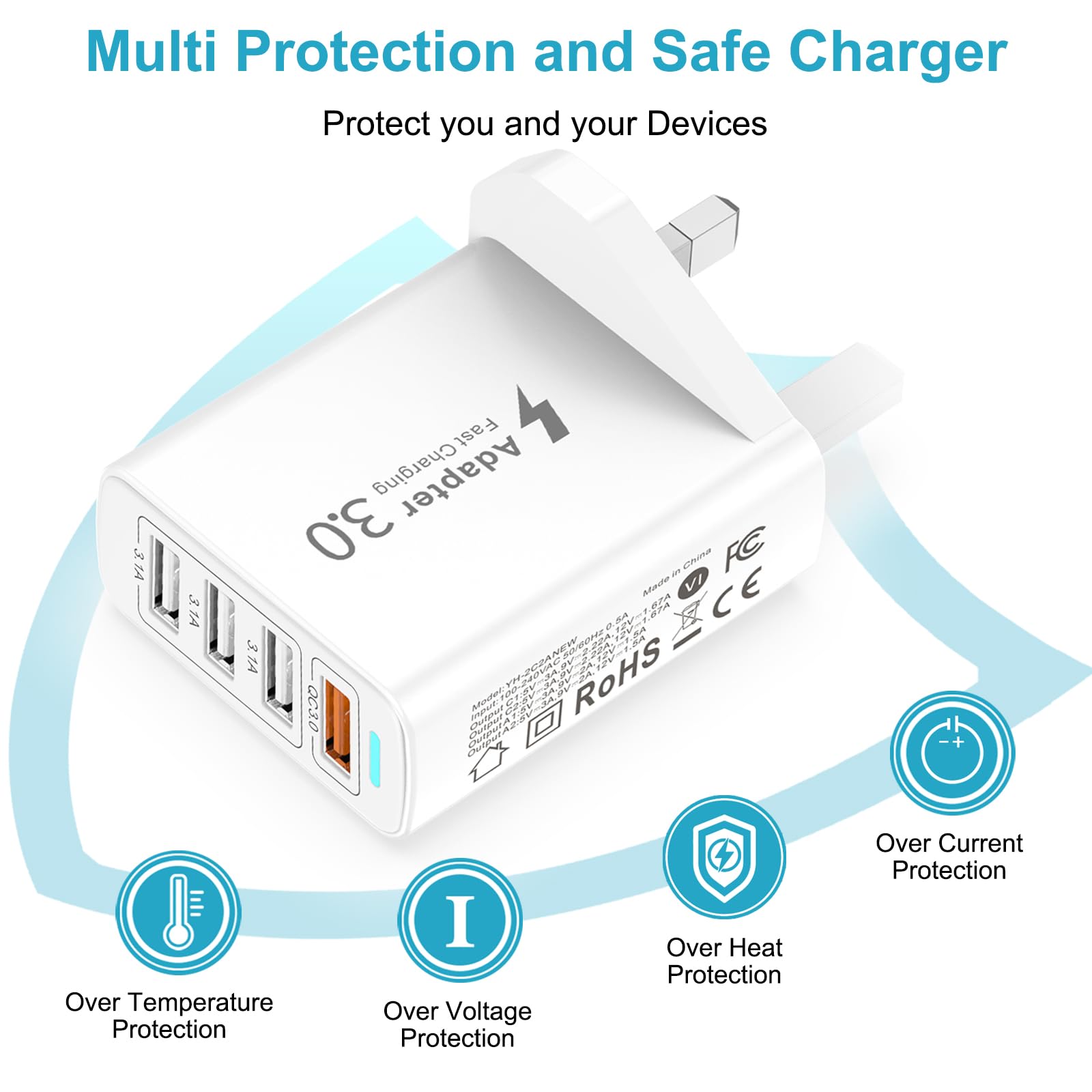 4-Port UK Multi USB Wall Charger with Quick Charge 3.0 - Fast Charging Power Adapter for iPhone 14/13/12/11/X/8/7, iPad, Samsung Galaxy S23/S22/S21, Huawei - Perfect for Home, Office & Travel Charging Multiple Devices Simultaneously