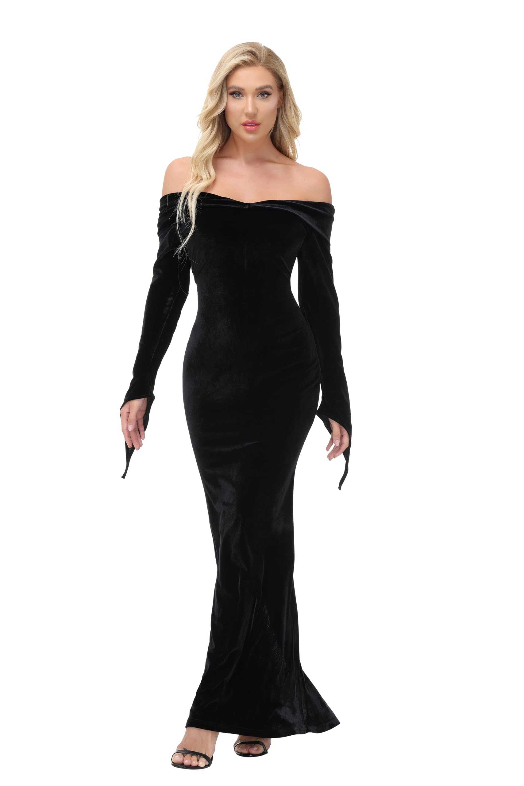YAOHUOLE Women's Vampire V-Neck Maxi Dress - Gothic Halloween Costume Party Dress for Women, Elegant Pugsley Cosplay Outfit - Perfect for Halloween Parties, Cosplay Events, and Themed Gatherings