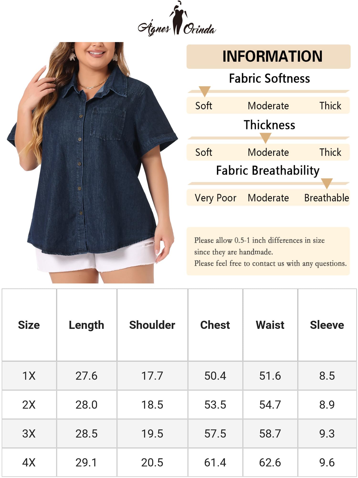 Plus Size Women's Denim Shirt - Short Sleeve Western Button Down Top for Casual Outings