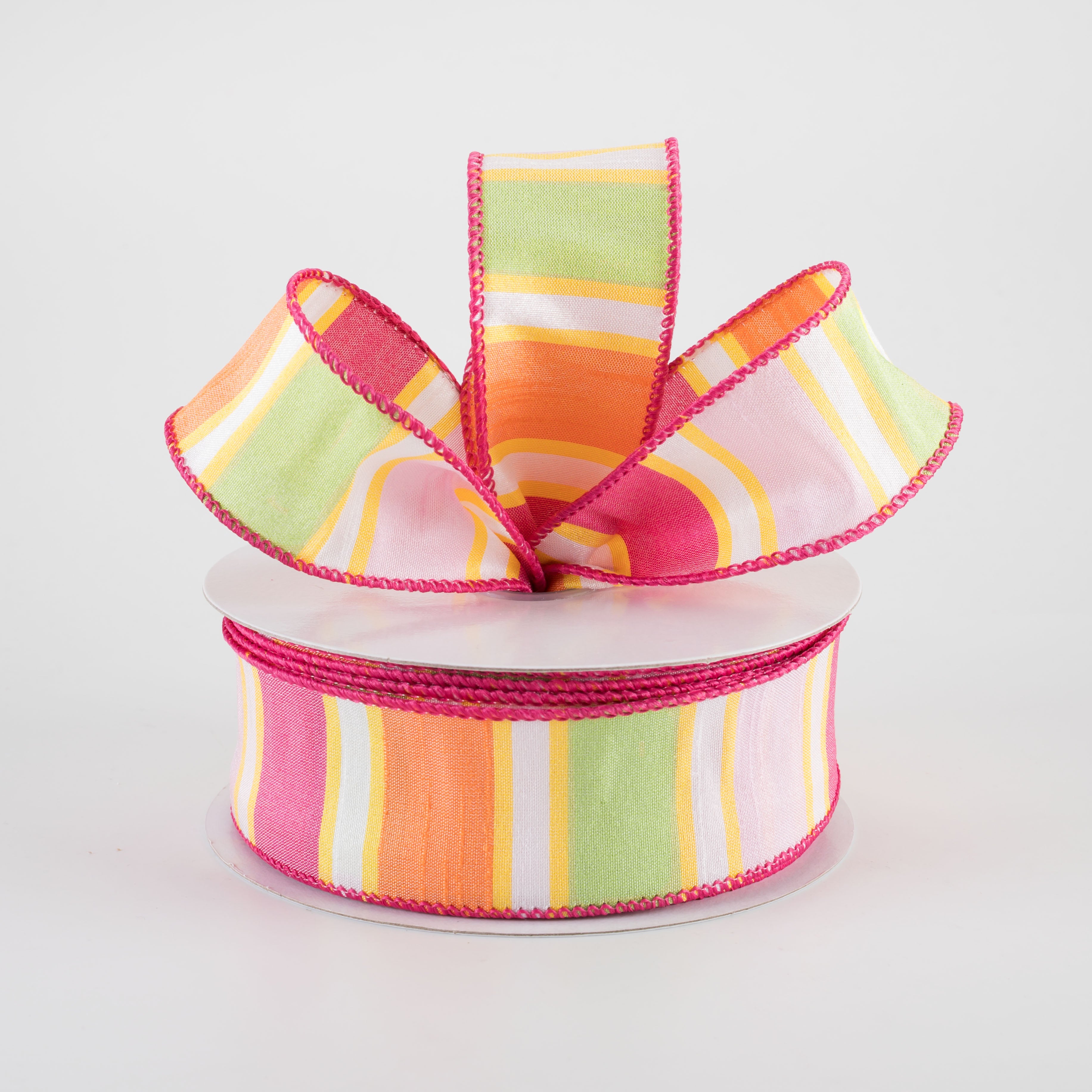 1.5 Inch Faux Dupioni Stripes Ribbon - Fuchsia, Pink, Yellow & Orange - 25 Yards Roll - Perfect for Gift Wrapping, DIY Crafts, Wedding Decorations & Hair Accessories