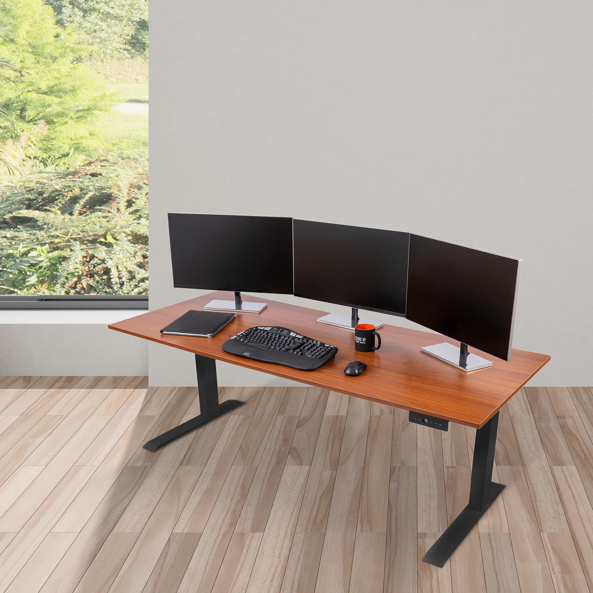 Electric Adjustable Height Standing Desk with Programmable Memory - Black Frame & Teak Top, 72