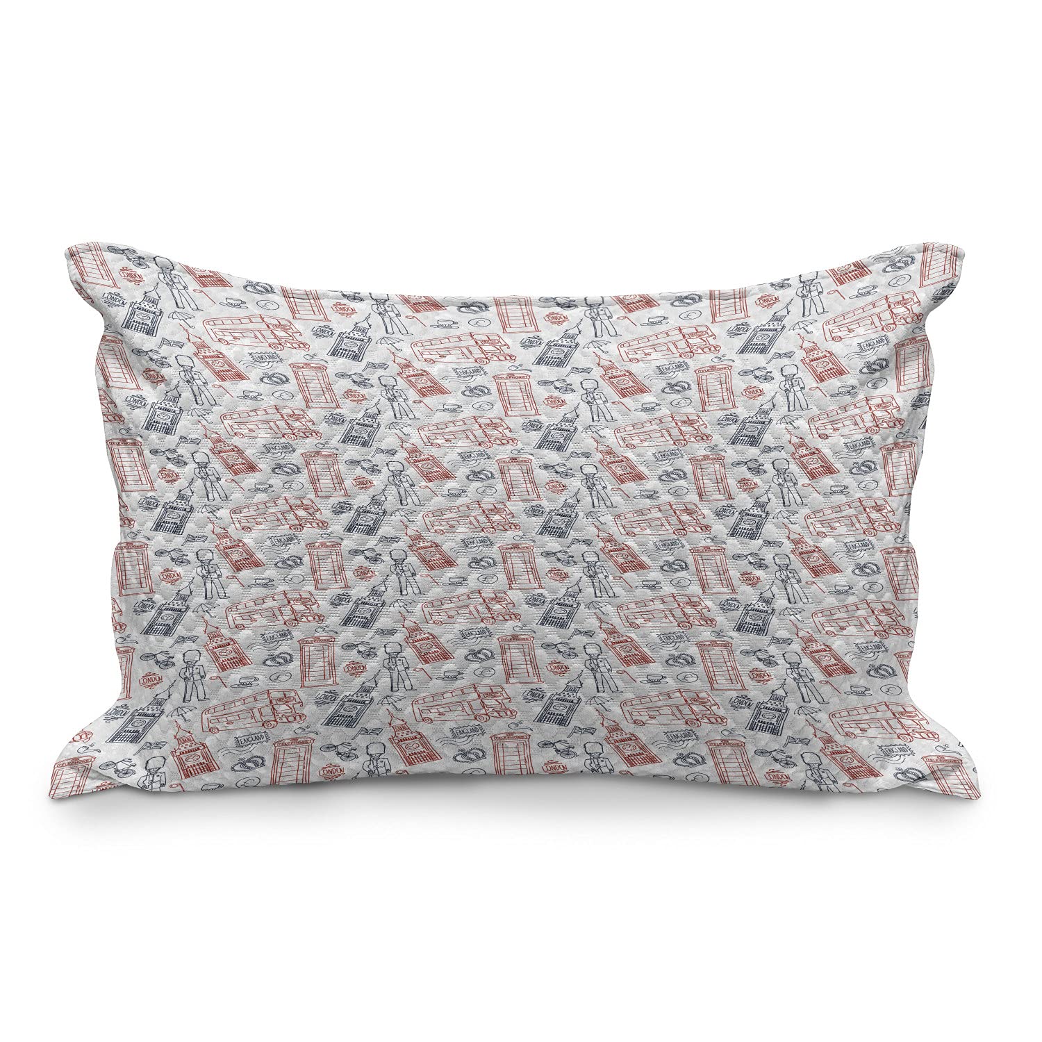 Ambesonne London Quilted Pillow Cover - English Countryside Travel Theme Decorative Throw Pillow Case 30x20 Inches, Vermilion & Dark Blue - Perfect for Bedroom, Living Room & Sofa Decor
