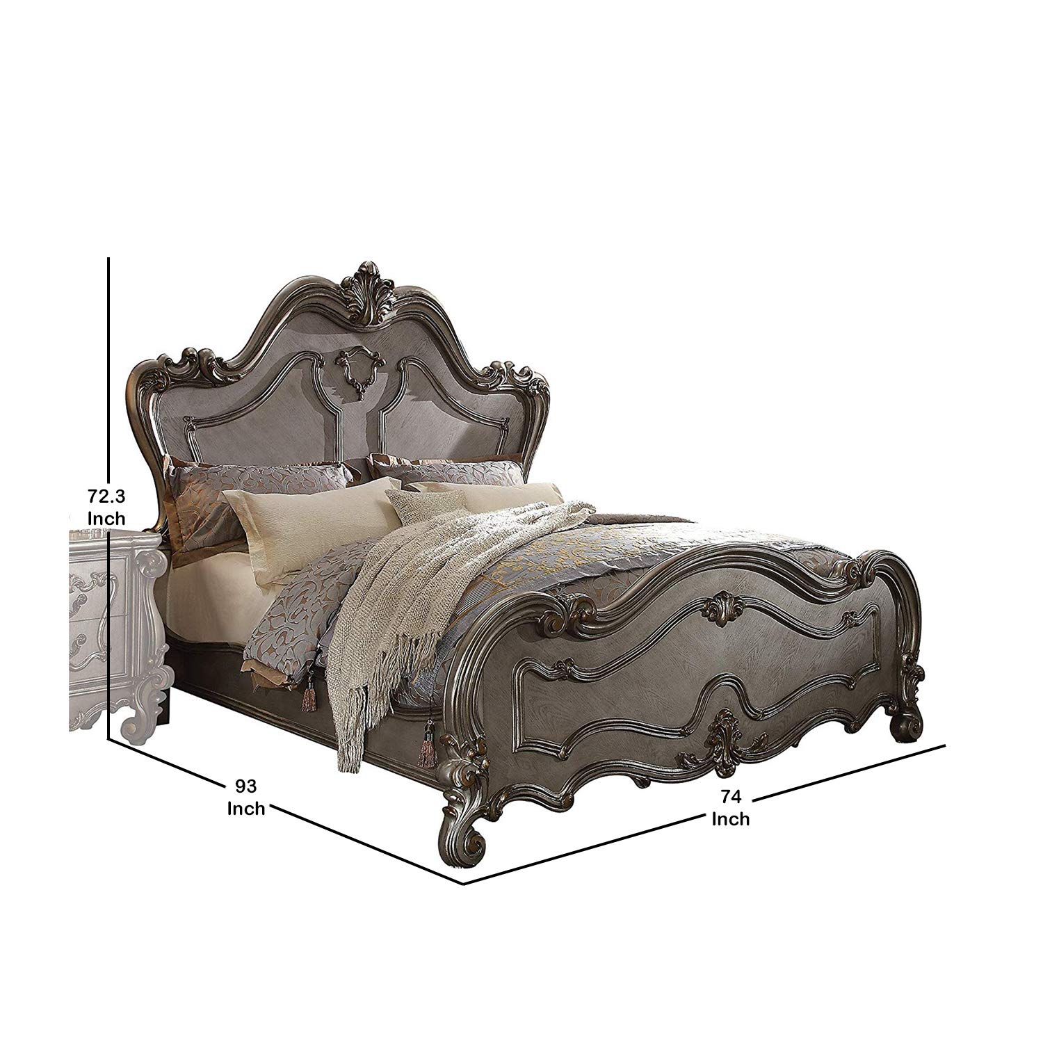 Benjara Queen Size Wooden Bed with Cabrio Legs & Crown Molding - Silver Finish | Elegant Bedroom Furniture for Master Suite, Guest Room & Luxury Home Decor