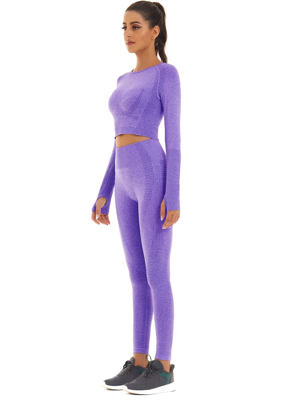 Seamless Women's Workout Outfits - Athletic 2-Piece Set with High-Waisted Leggings & Long Sleeve Top | Gym, Yoga, Running & Fitness Apparel for Women
