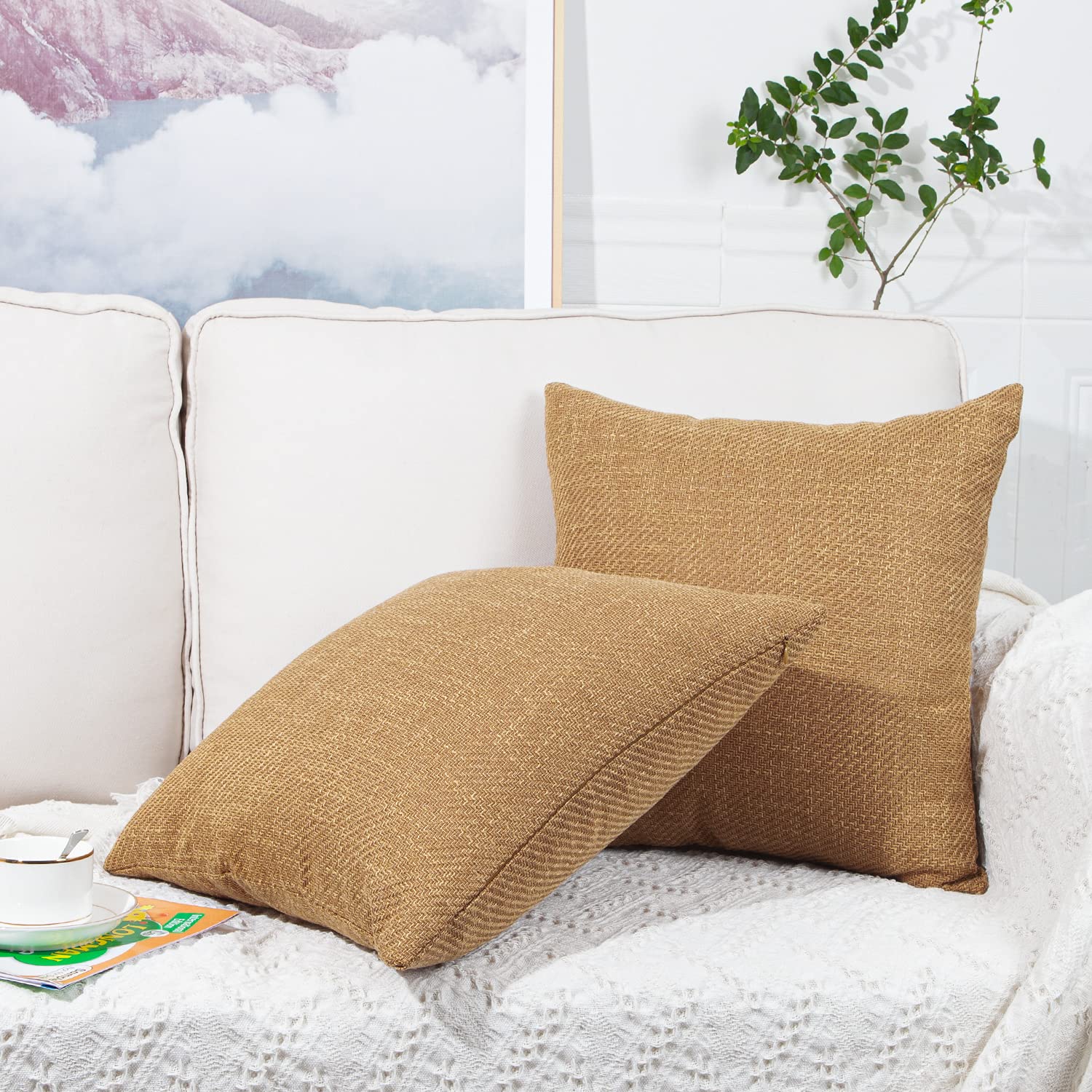 Artcest Set of 2 Rustic Throw Pillow Covers - 18x18 Inch Farmhouse Burlap Linen Cushion Cases for Couch, Bed & Living Room Decor (Gold Brown) | Perfect for Cozy Home, Farmhouse Style & Seasonal Decoration