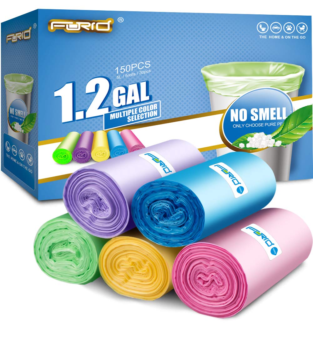 FORID 1.2 Gallon Small Trash Bags - Extra Thick Mini Garbage Bags, Unscented Strong Plastic Wastebasket Liners (150 Count, 5 Colors) for Bathroom, Bedroom, Office, Car & Kitchen Use