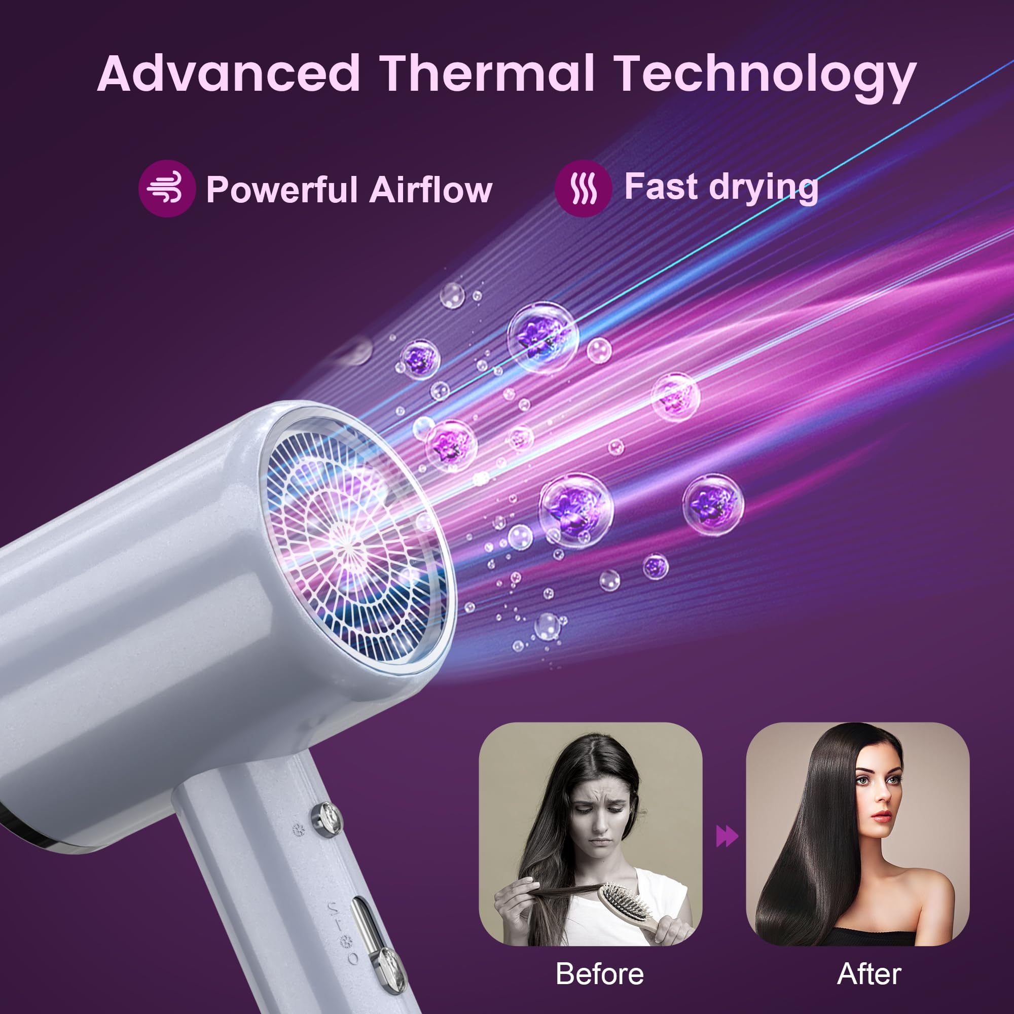 Professional Ionic Hair Dryer for Women & Men - Fast Drying, Lightweight Travel Blow Dryer with Styling Nozzle to Reduce Frizz (Grey) - Perfect for Home, Salon & On-The-Go Styling