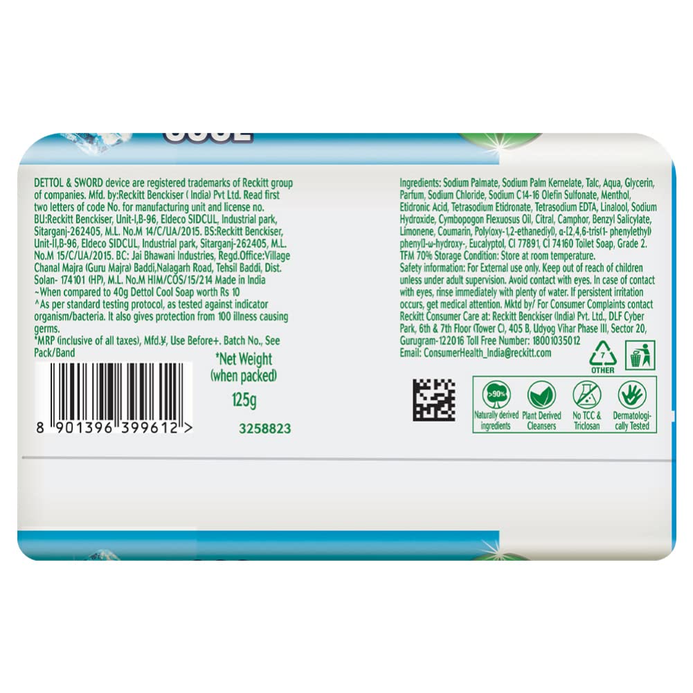 Dettol Icy Cool Bathing Soap Bar with Menthol - 6 Pack (125g Each) | Refreshing & Antibacterial Body Wash for Men & Women | Perfect for Post-Workout, Gym & Summer Cooling Relief