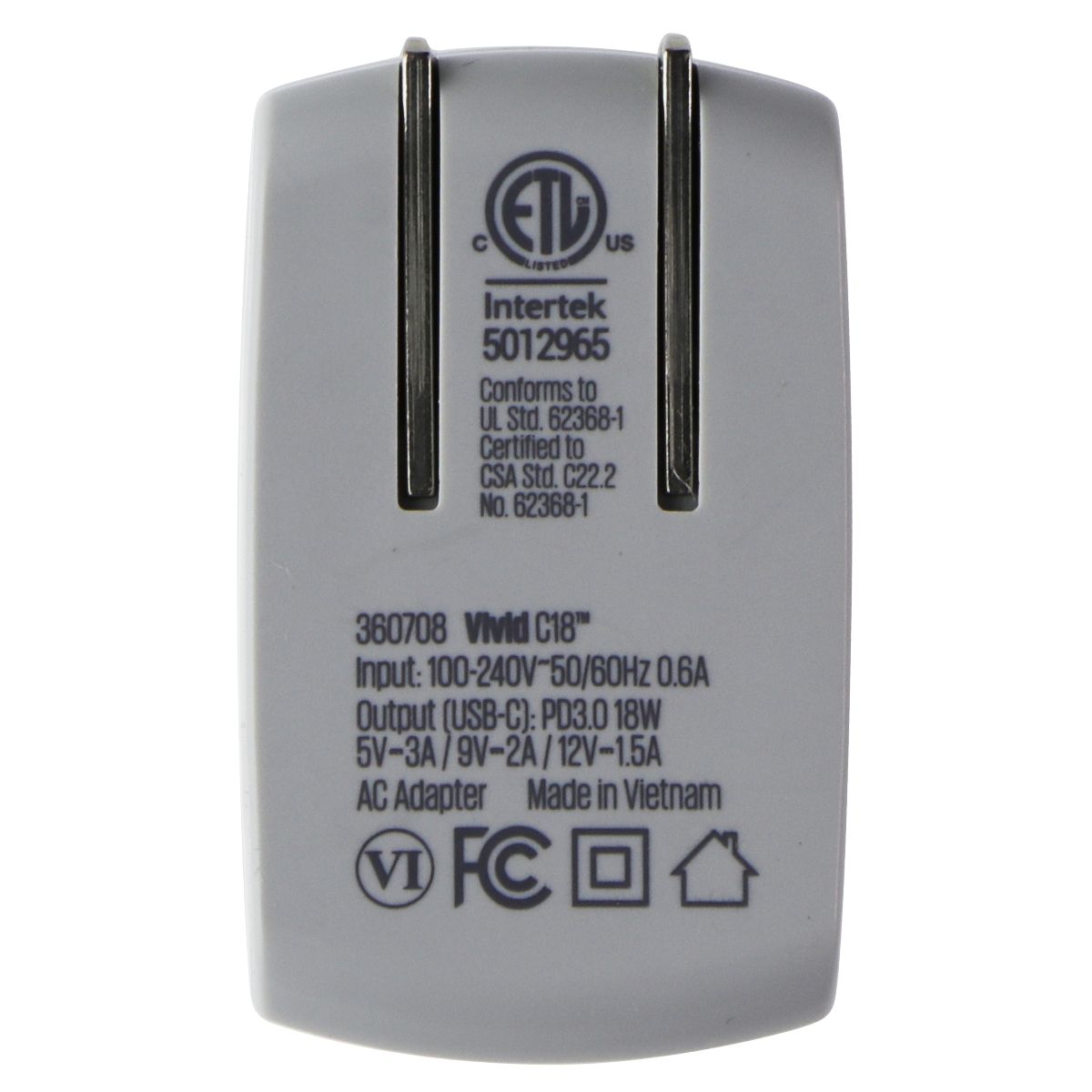 360 Electrical Vivid C18 18W USB C Wall Charger Fast Charging Adapter - White | Perfect for iPhone, Samsung Galaxy, iPad & More | Home, Office & Travel Use