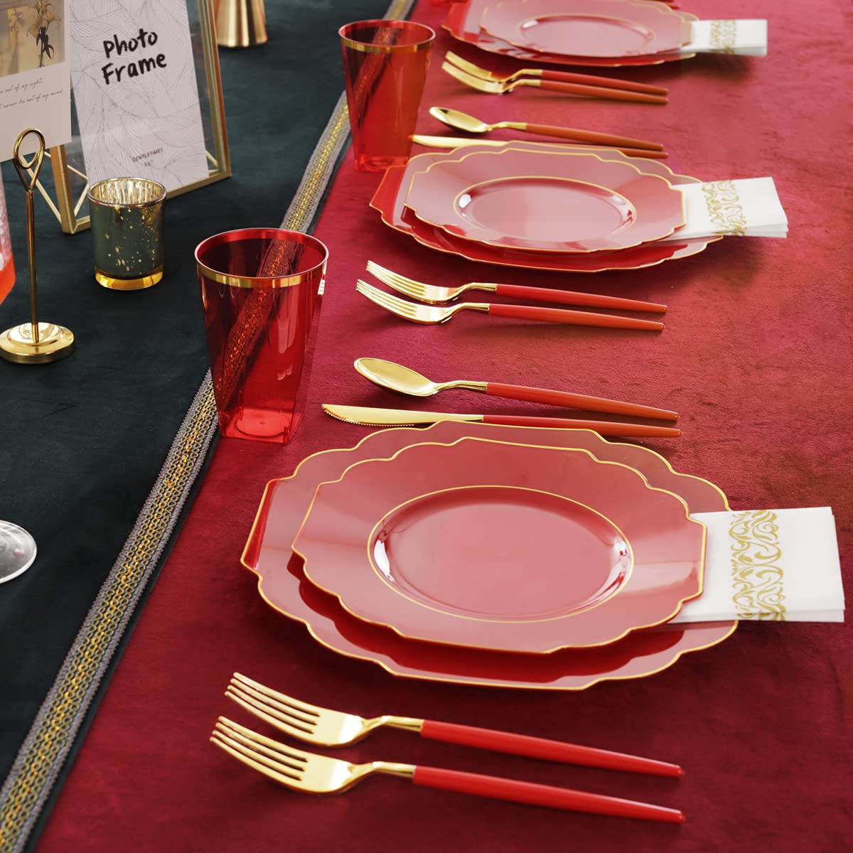 140-Piece Red and Gold Disposable Party Tableware Set - 40 Plastic Plates, 20 Cups, 20 Forks, 20 Knives, 20 Spoons & 20 Napkins for Weddings, Birthdays, Baby Showers & Holiday Gatherings - Elegant Dinnerware for Special Occasions