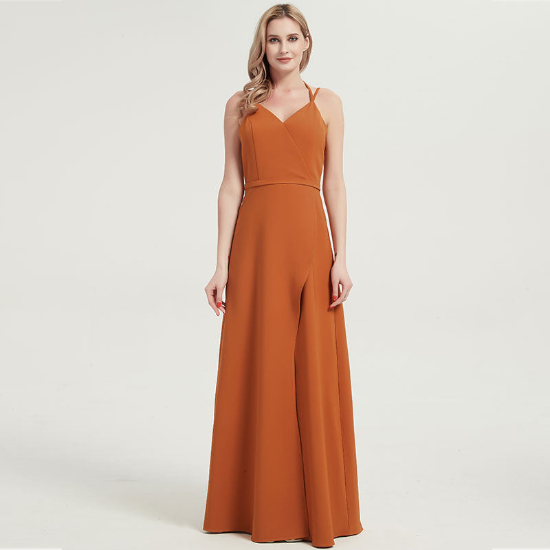 Elegant Burnt Orange V-Neck Long Bridesmaid Dress with Spaghetti Straps - Perfect for Weddings, Formal Events & Evening Parties