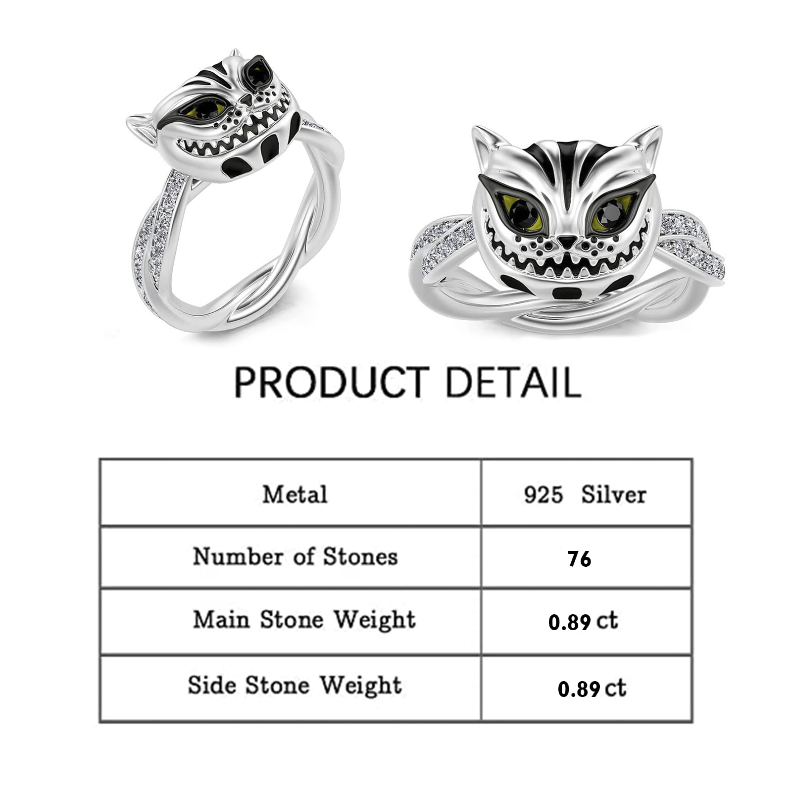 Jeulia Sterling Silver Cheshire Cat Rings for Women - Enamel Handmade Diamond Rings with White & Black Cubic Zirconia - Elegant Bridal Set for Wedding, Anniversary, Engagement & Promise - Perfect Gift with Jewelry Box (Ideal for Alice in Wonderland Themed Parties, Cosplay & Unique Fashion Statements)