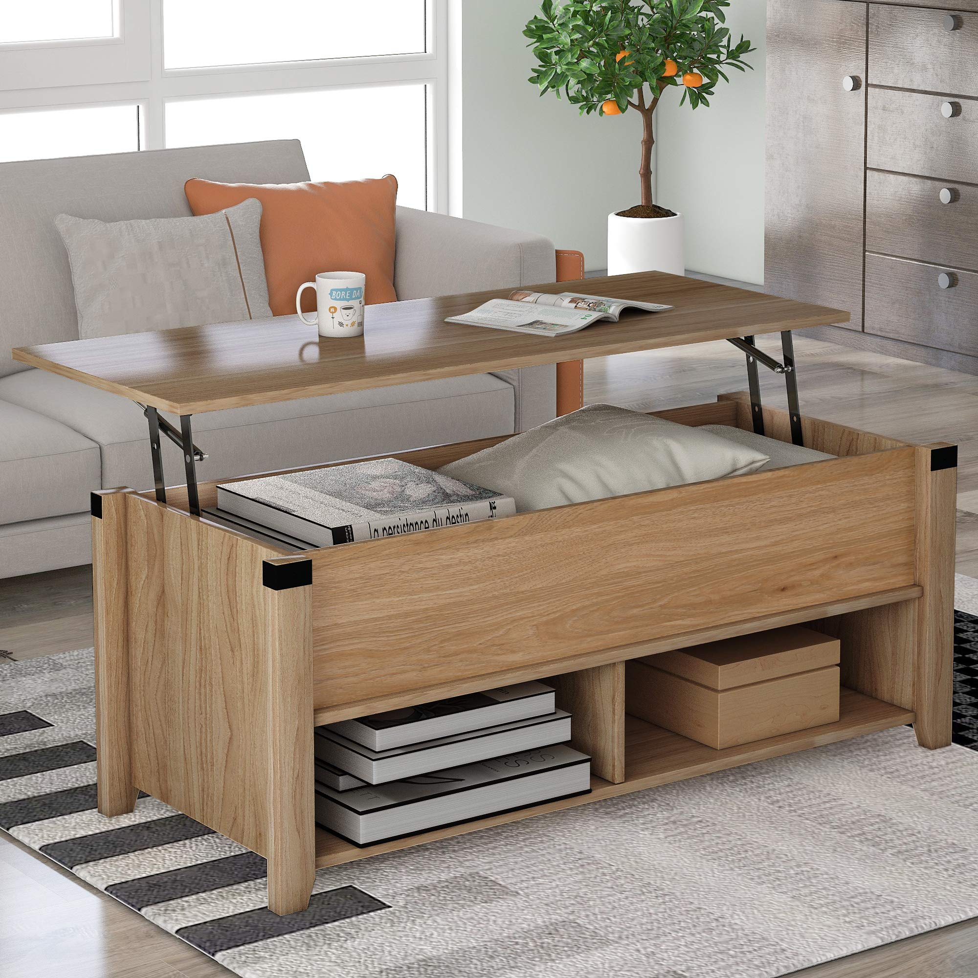 Rustic Oak Lift Top Coffee Table with Hidden Compartment & Adjustable Shelf - Space-Saving Dining Table for Living Room, Office, and Small Apartments