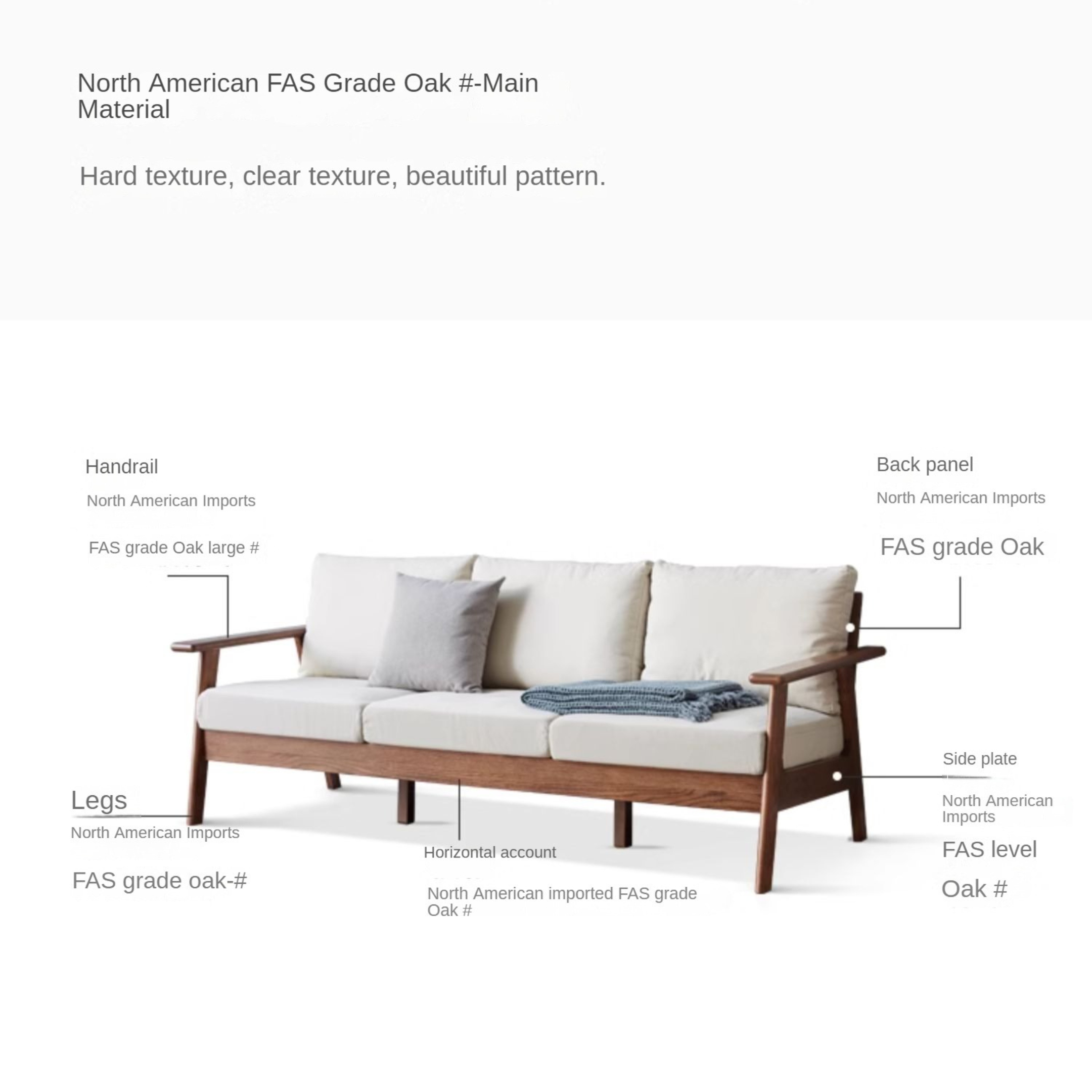 Premium Oak Solid Wood Sofa with Soft Fabric Cushions - Durable Modern Living Room Furniture for Home & Office Comfort