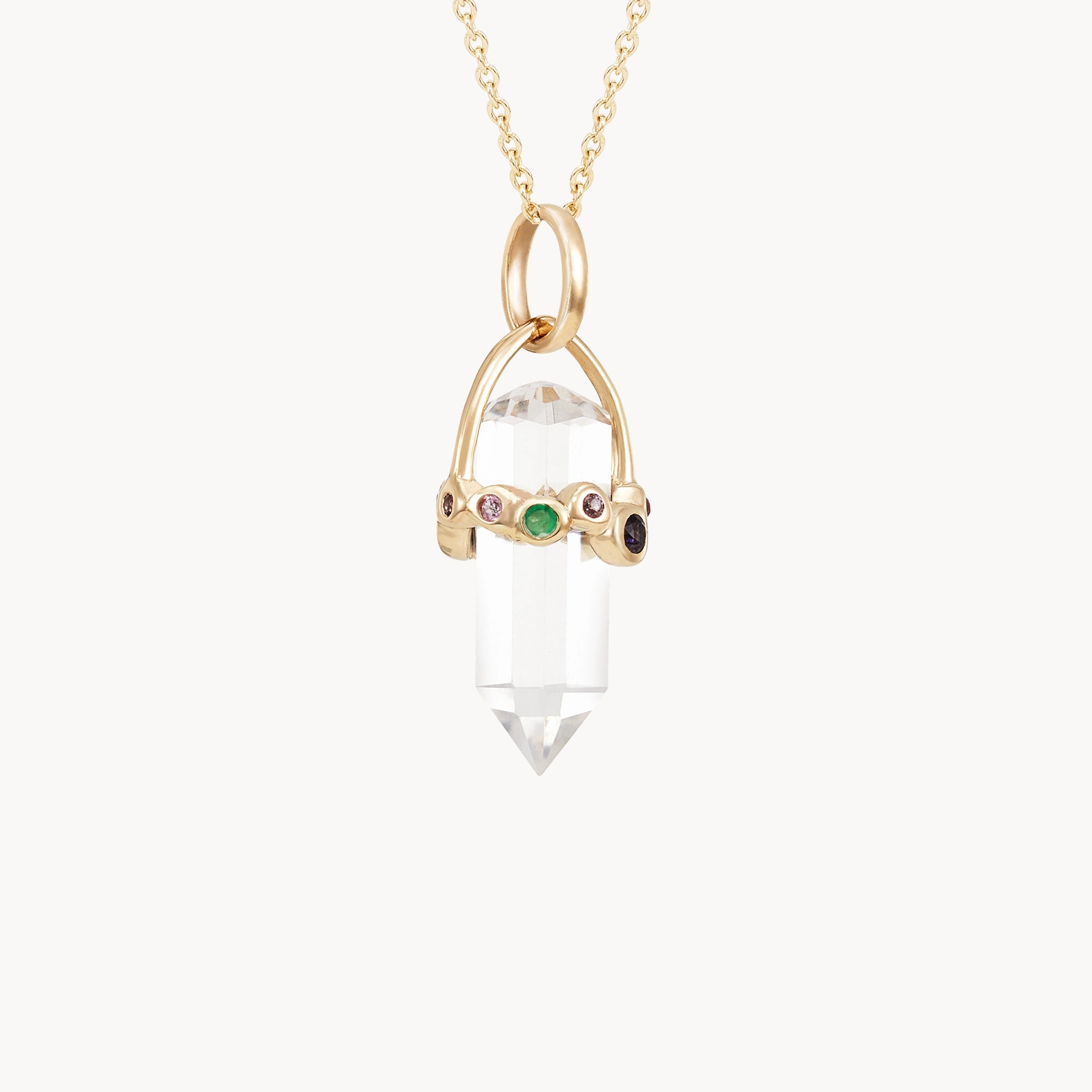 10K Yellow Gold Vibrant Journey Quartz Amulet with Sapphires - Elegant Clear Quartz & Sapphire Pendant for Spiritual Healing, Meditation & Positive Energy Jewelry Gift