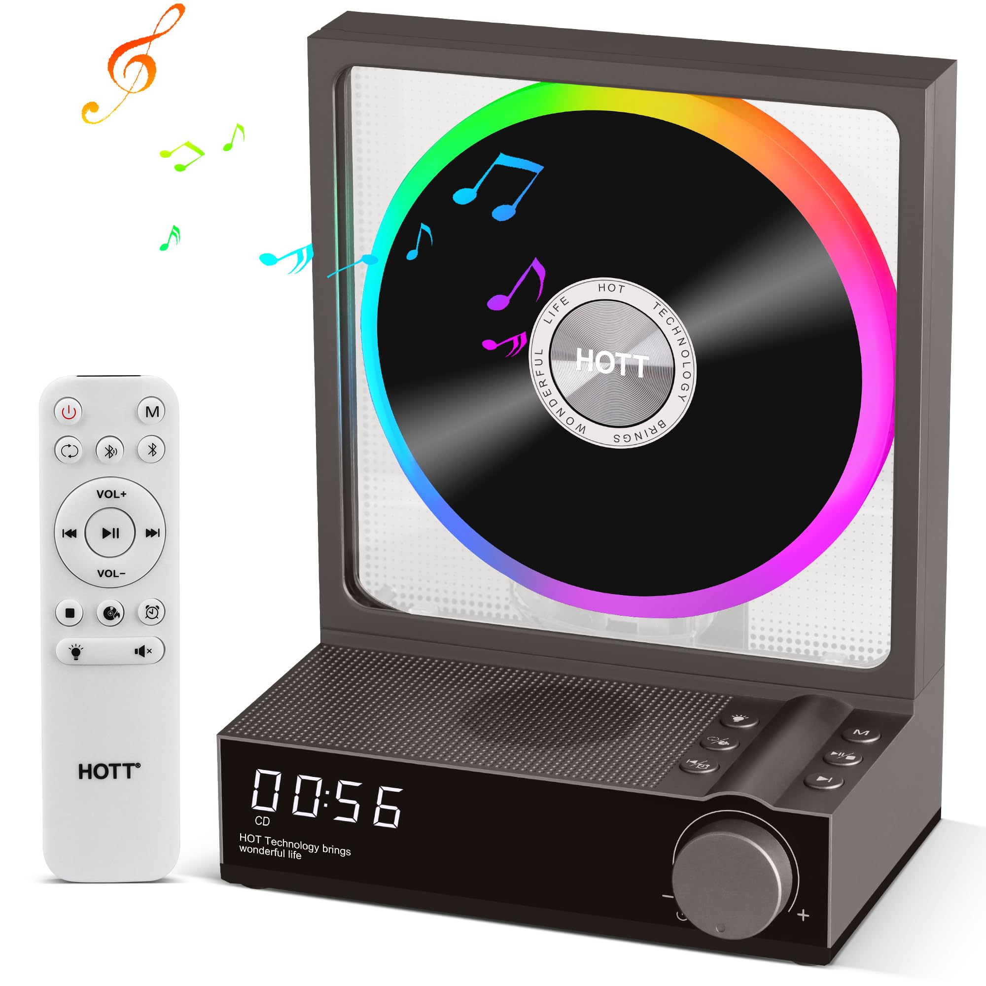 Portable CD Player with Bluetooth 5.3 & HiFi Speakers - Desktop CD Player with RGB Lights, TF/USB Playback, Transcription, LED Display & Timer - Perfect for Home Entertainment & Music Lovers (Grey)