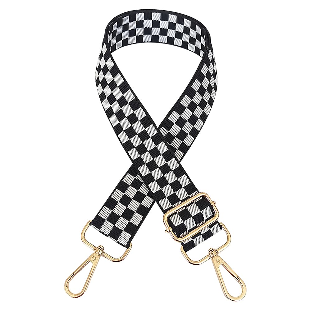 Black and White Checkered Adjustable Shoulder Strap - Wide Crossbody Bag Strap Replacement with Golden Buckle for Handbags, Messenger Bags & Purses | Perfect for Everyday Use, Travel & Fashion Accessories