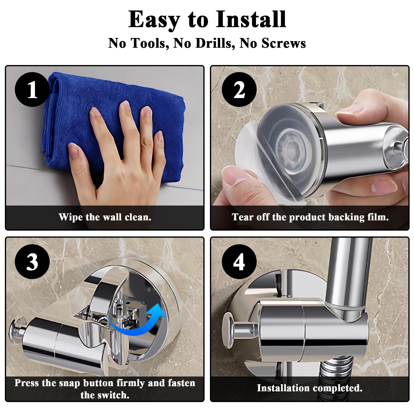 360° Rotating Adjustable Suction Cup Shower Holder - Relocatable Handheld Shower Head Bracket for Bathroom (Silver) | Perfect for Small Spaces, Rentals & Travel Use