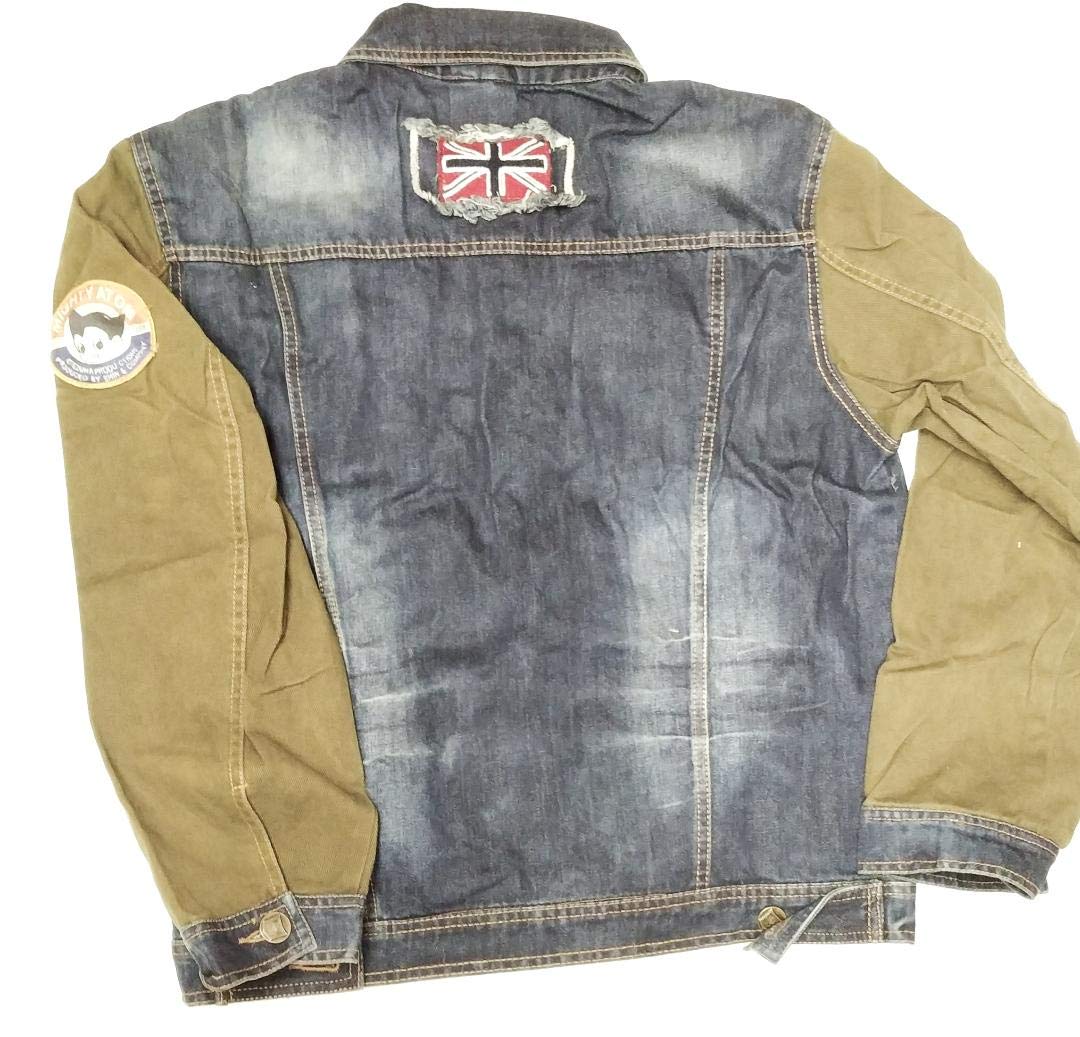 Vintage Destroyed Denim Jacket with Custom Patches - Brown Sleeves & Detachable Hood for Men & Women | Perfect for Streetwear, Music Festivals & Urban Fashion