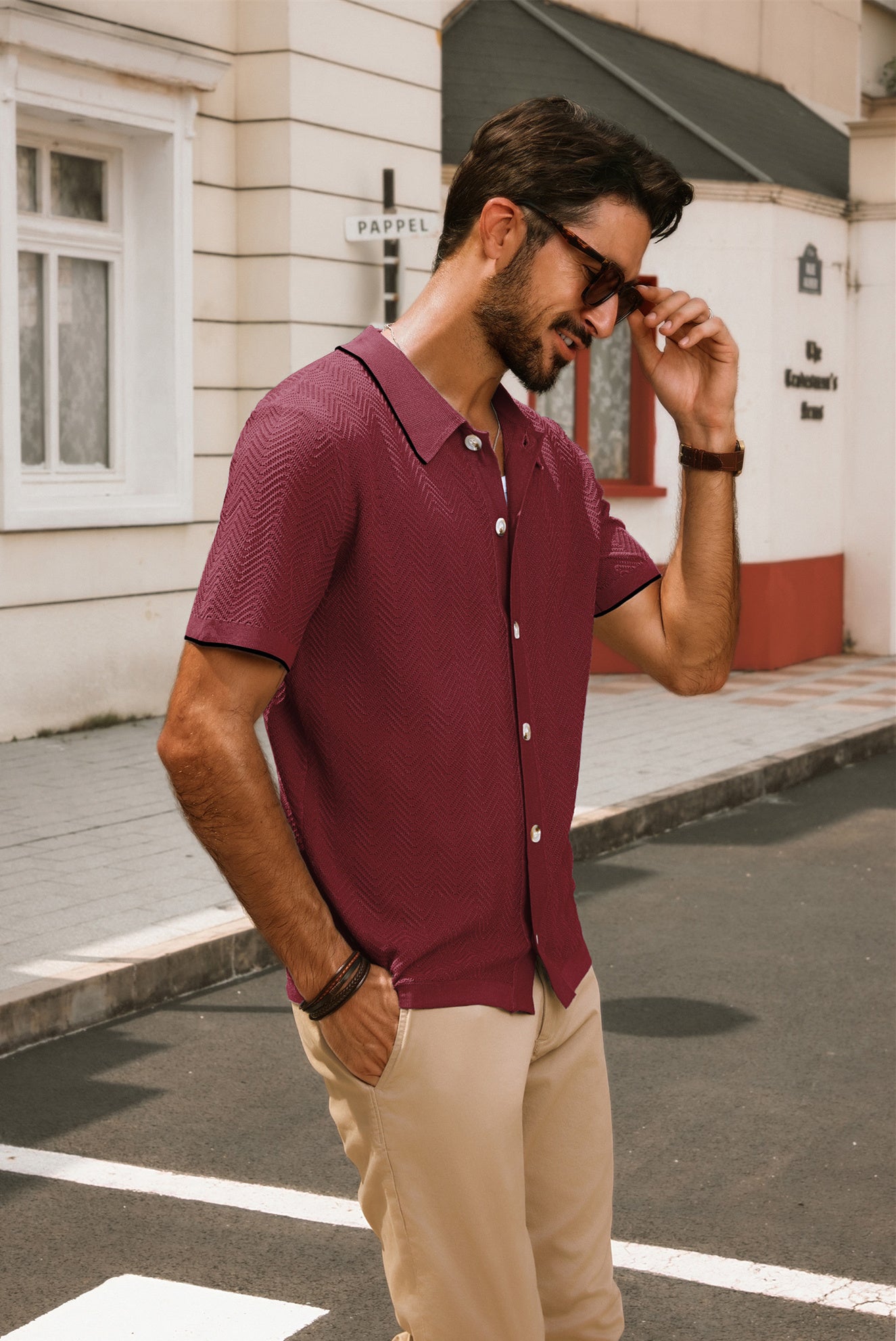 Men's Textured Short Sleeve Cardigan with Lapel Collar - Button Up Knit Sweater for Casual Wear & Spring Layering