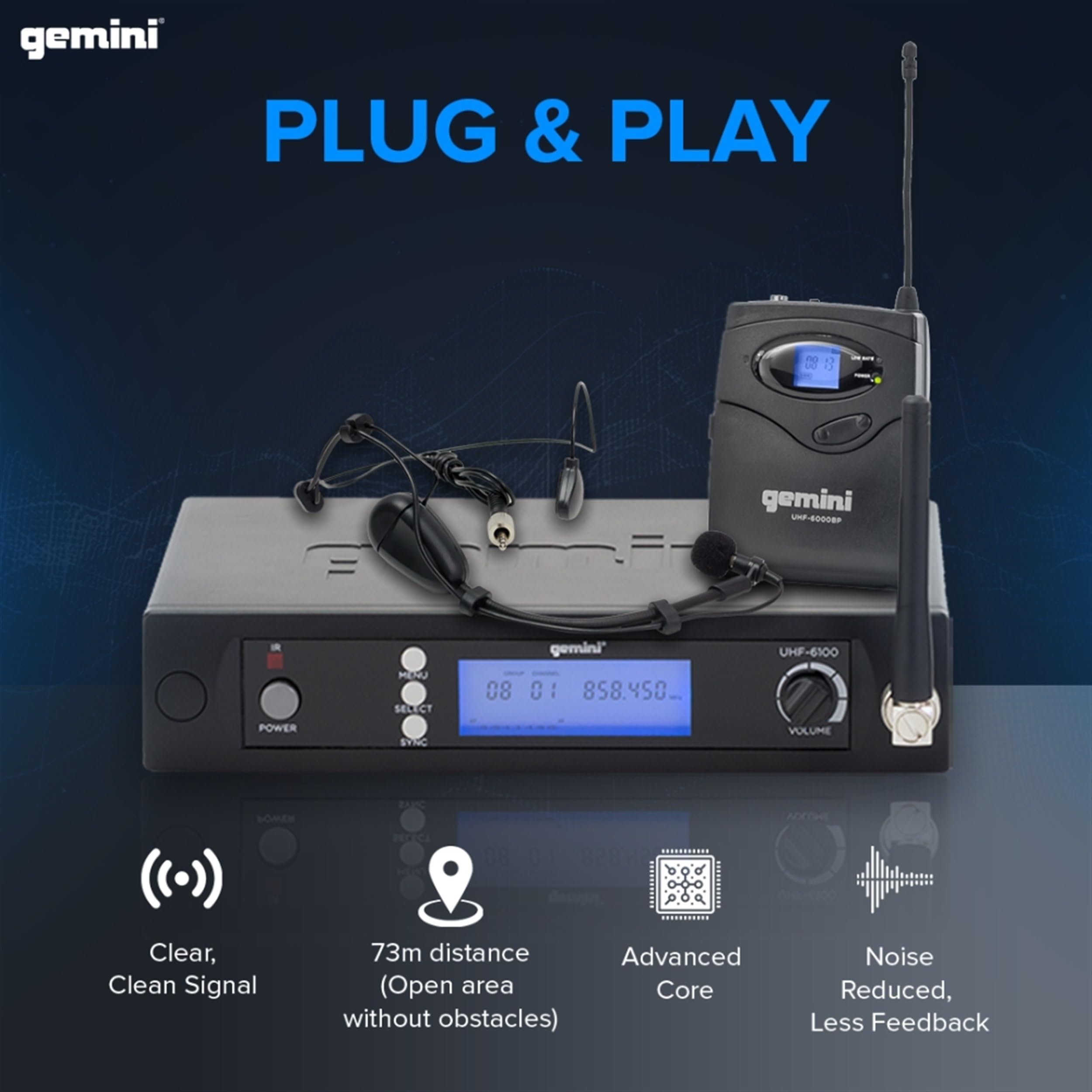 Gemini Sound UHF-6100HL Professional Wireless Microphone System - 256 Channel UHF Receiver with Headset & Lavalier Mic, 240ft Range, LCD Display, Crystal Clear Audio for Performers, Instructors & Public Speakers - Perfect for Live Performances, Presentations, Teaching & Events