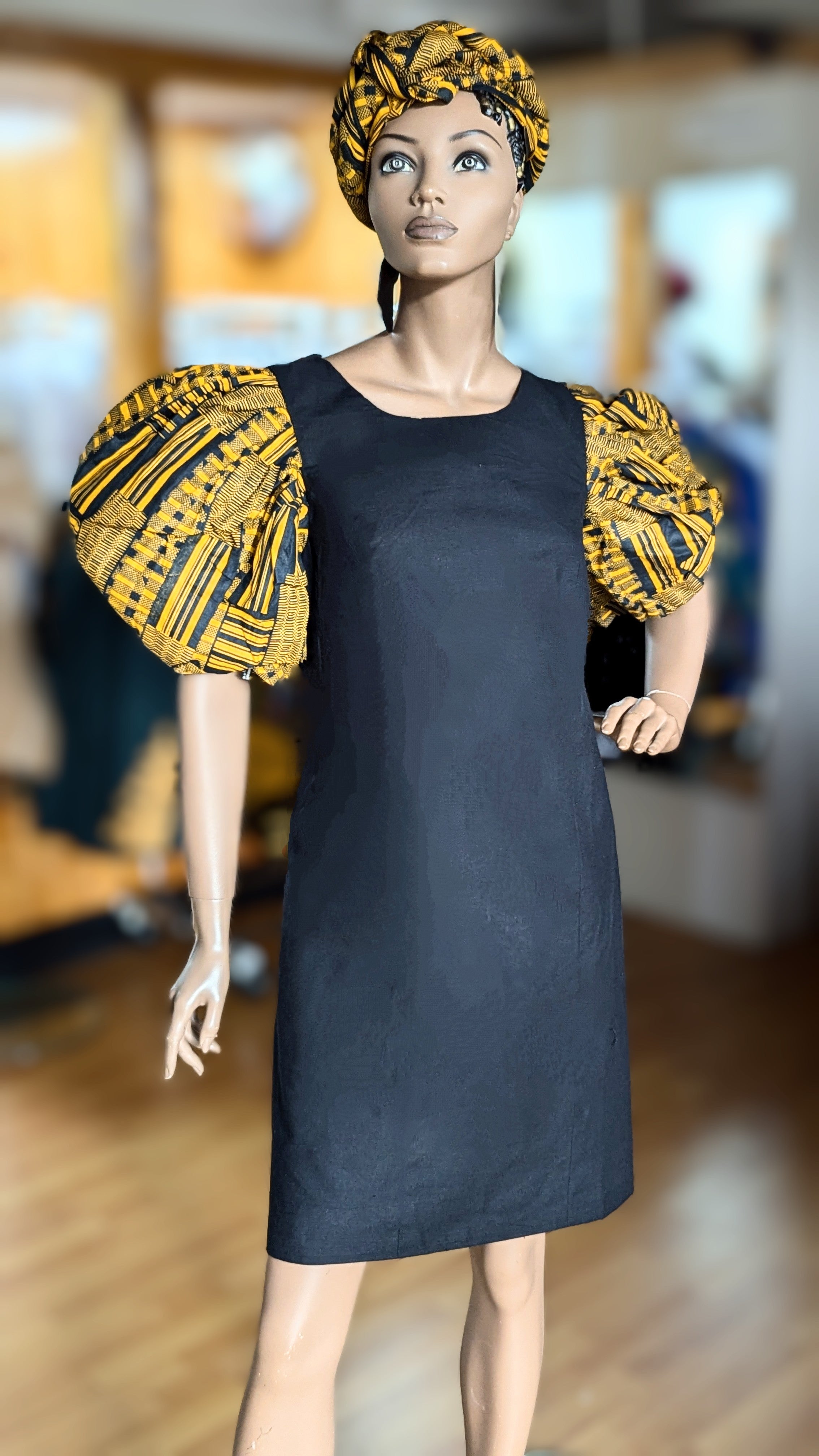 Dupsie's Nyame Nti Kente Black and Gold African Print A-Line Dress DP4091D - Elegant Cultural Attire for Weddings, Parties & Special Occasions