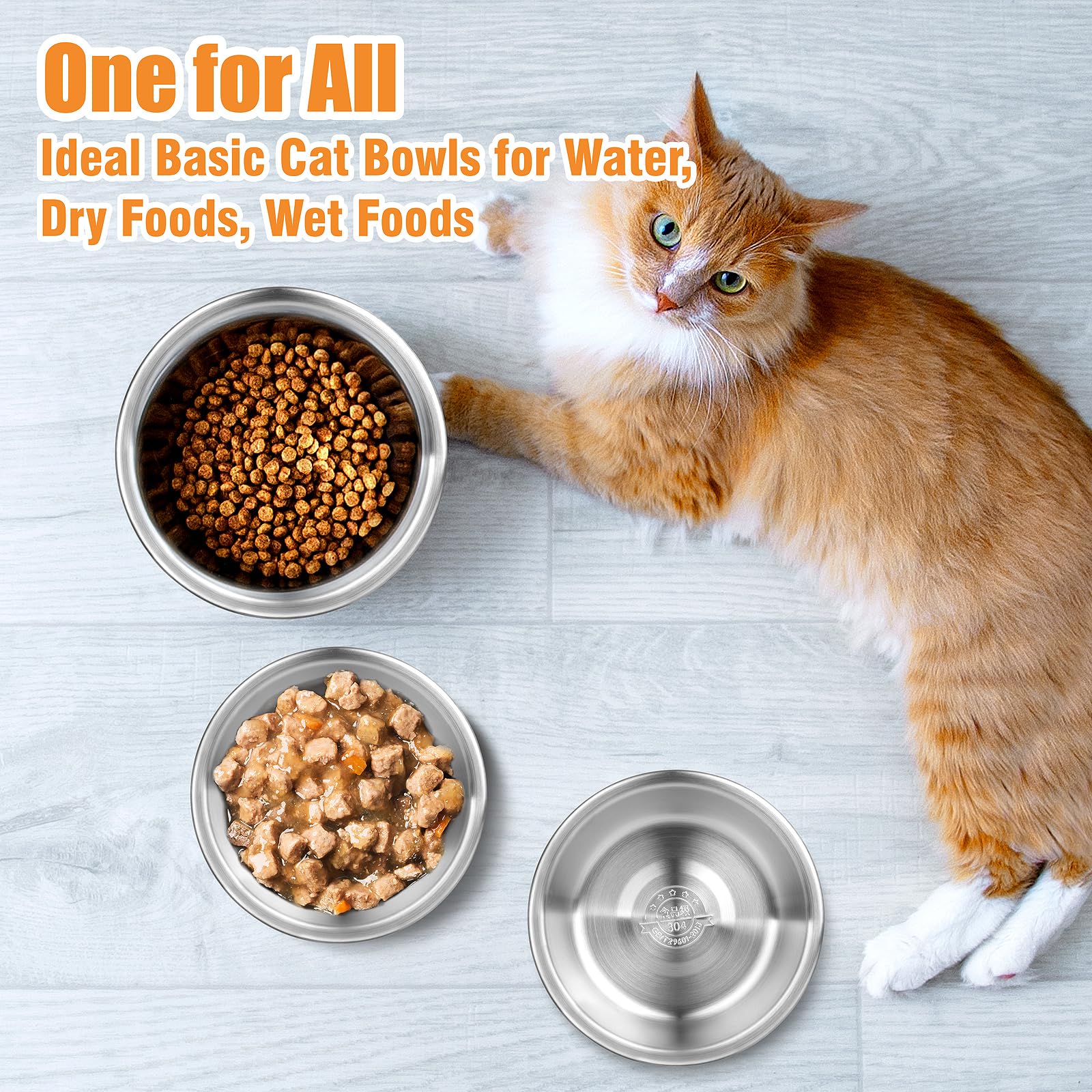 Premium Stainless Steel Cat Bowls Set of 3 - Whisker Friendly Shallow Pet Food Dishes with Non-Slip Base, 5.5 Inch Metal Cat Bowls for Wet/Dry Food - Perfect for Kittens & Adult Cats at Home or Travel