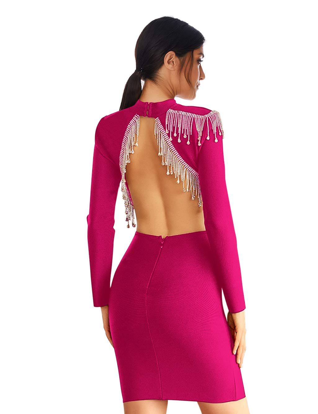 Meilun Women's Long Sleeve Bandage Bodycon Dress with Beaded Tassel Details - Winter Party Dress for Club Nights, Holiday Events & Cocktail Parties