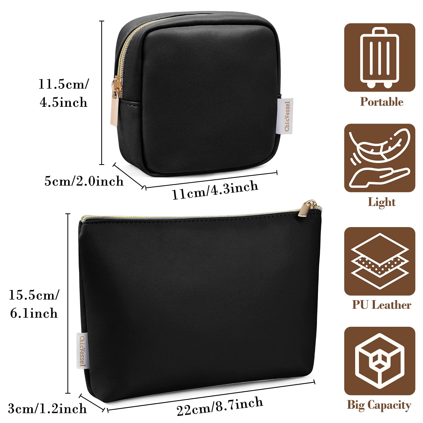 2 Pack Travel Makeup Bag - PU Leather Cosmetic Pouch, Small Portable Organizer for Purse, Toiletry & Makeup Essentials (Black) - Perfect for Travel, Gym & Daily Use