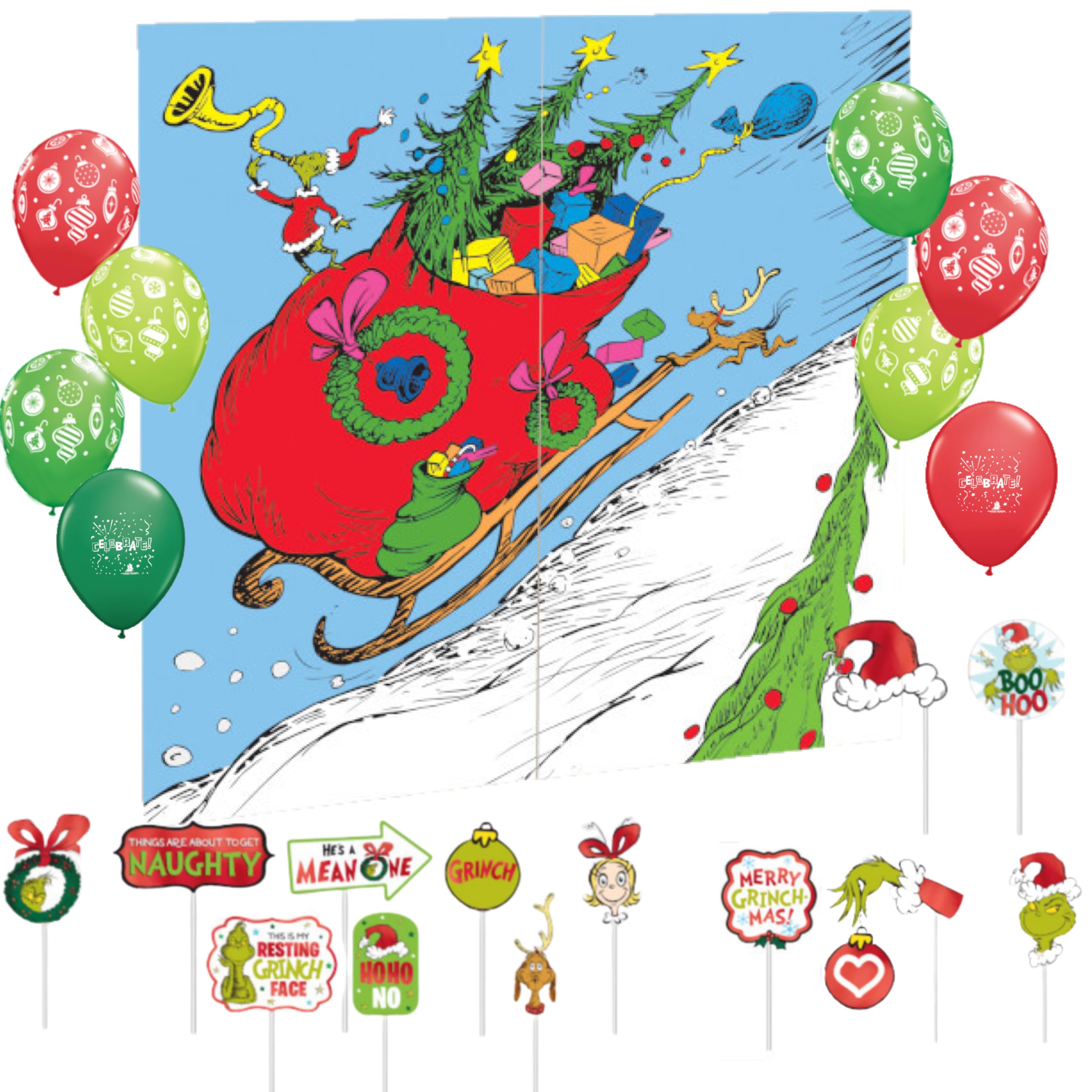 Grinch Party Decorations Set - Backdrop, Props & Balloons for Christmas Party Decor