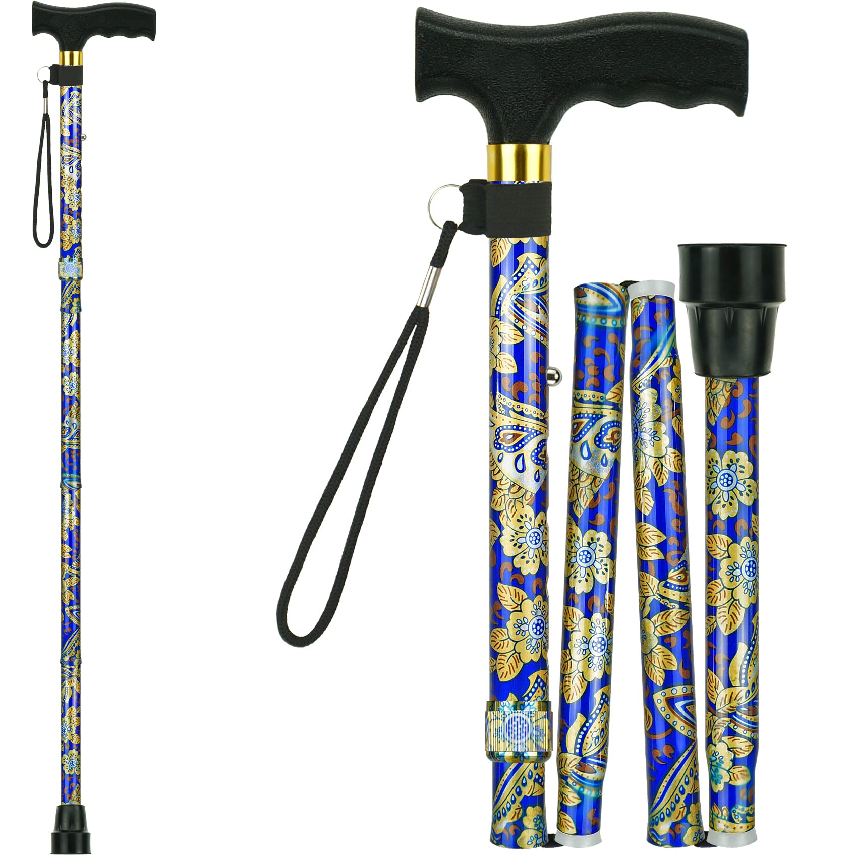Waydaw Adjustable Folding Walking Cane - Lightweight Aluminum Walking Stick with Floral Design for Men & Women - Perfect for Hiking, Travel & Daily Mobility Support