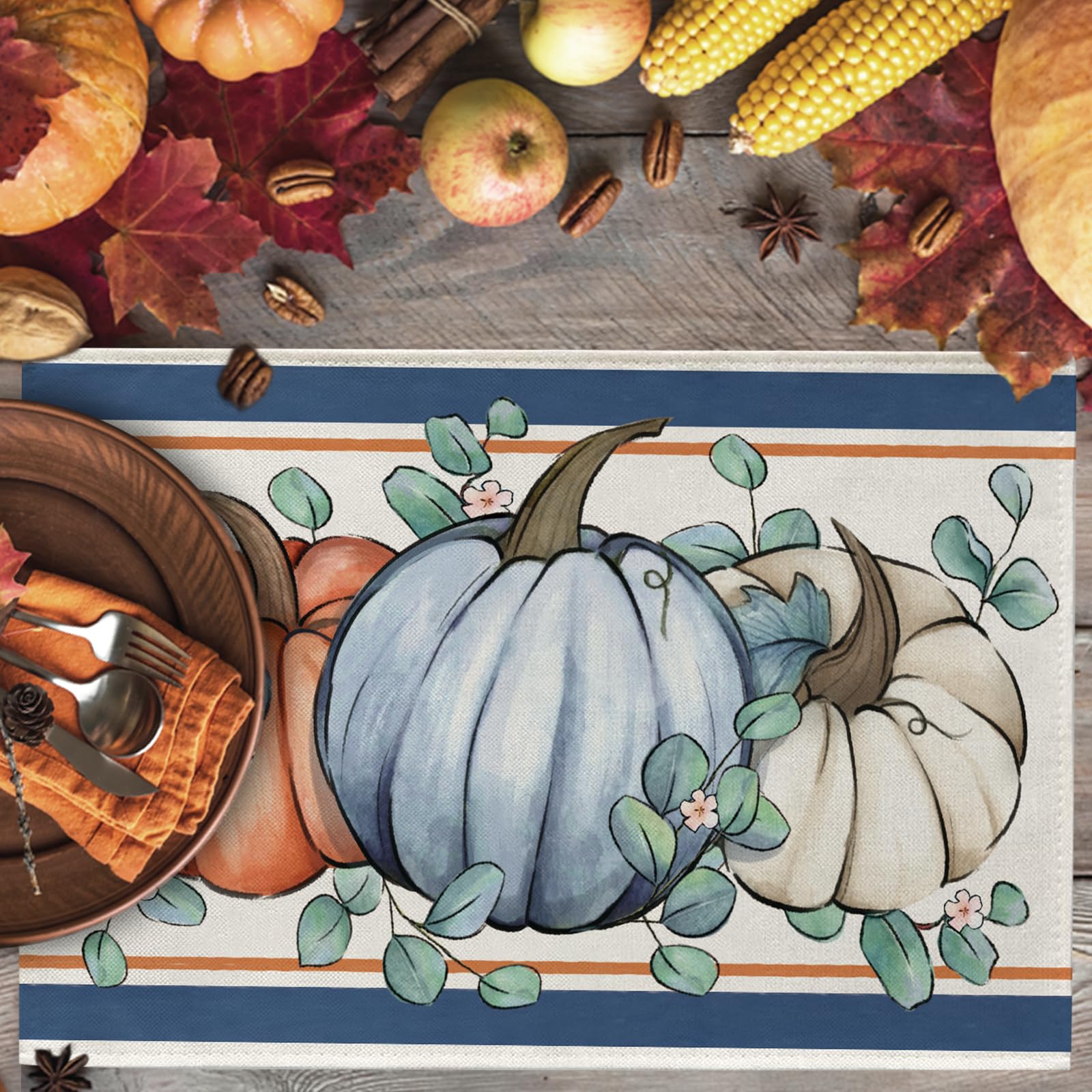Seliem Fall Thanksgiving Blue White Pumpkin Placemats Set of 4 - Autumn Harvest Eucalyptus Leaves Dining Table Mats - Seasonal Kitchen & Home Decor (12x18 Inch) - Perfect for Thanksgiving Dinner, Fall Table Setting & Holiday Home Decoration