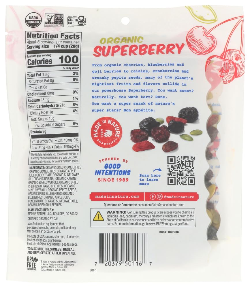 Organic Superberry Fruit & Nut Trail Mix by Made In Nature – 5oz Pack of 6 | Non-GMO, Unsulfured, Gluten Free Snack | Perfect for Hiking, Office Snacks & Healthy On-the-Go Nutrition