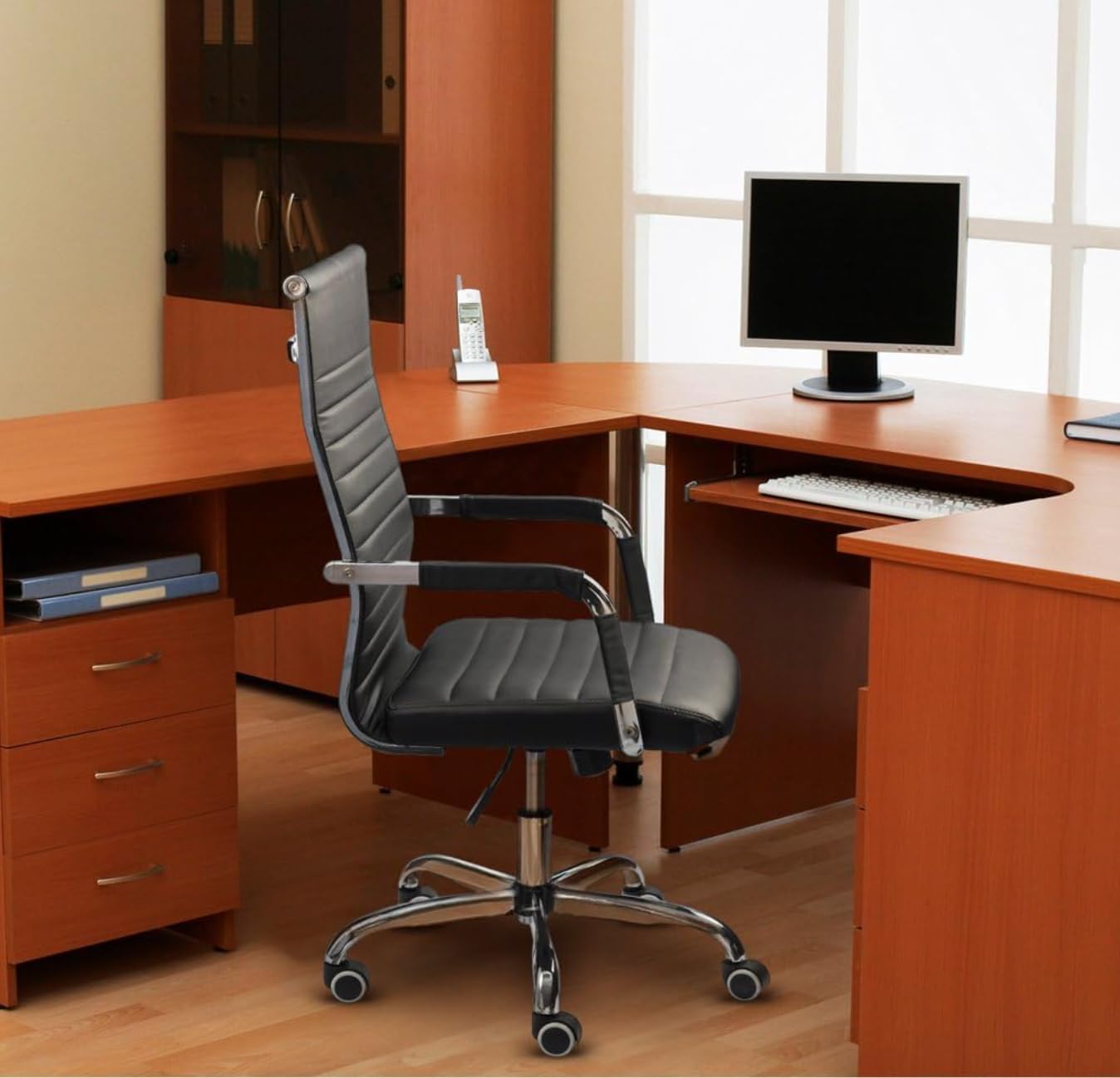 Premium High-Back Leather Office Chair - Adjustable Swivel Executive Desk Chair with Lumbar Support for Home Office, Conference Room & Gaming Setup - Black Ergonomic Computer Chair