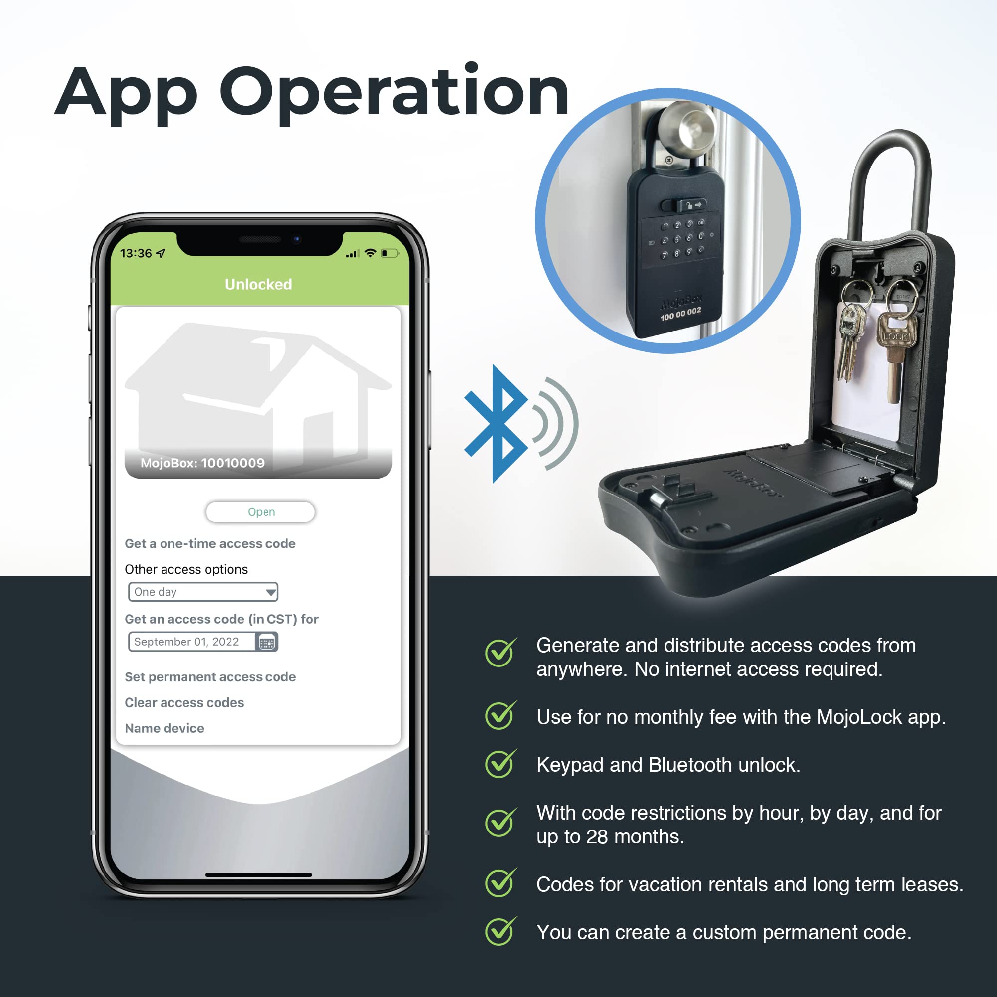 MojoBox Smart Digital Lockbox - Bluetooth Key Lockbox with iOS/Android App | Generate Offline Access Codes for One-Time, Temporary & Permanent Use | Perfect for Vacation Rentals, Airbnb Hosts & Property Management