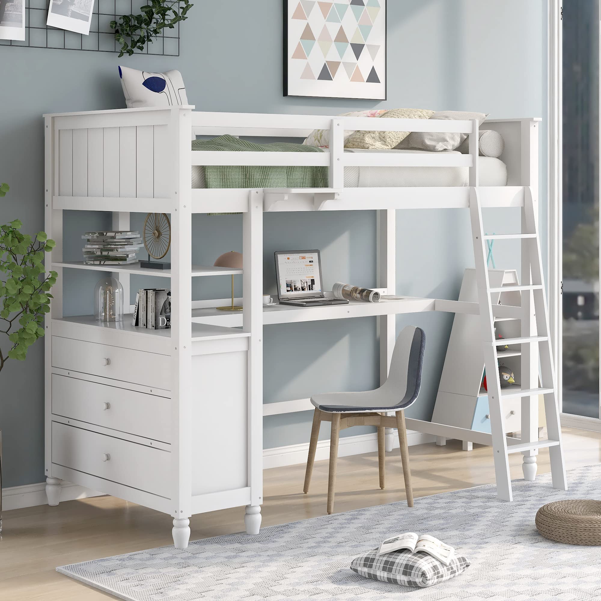 White Twin Loft Bed with Desk & Drawers for Kids, Teens & Adults - Space-Saving Bedroom Solution