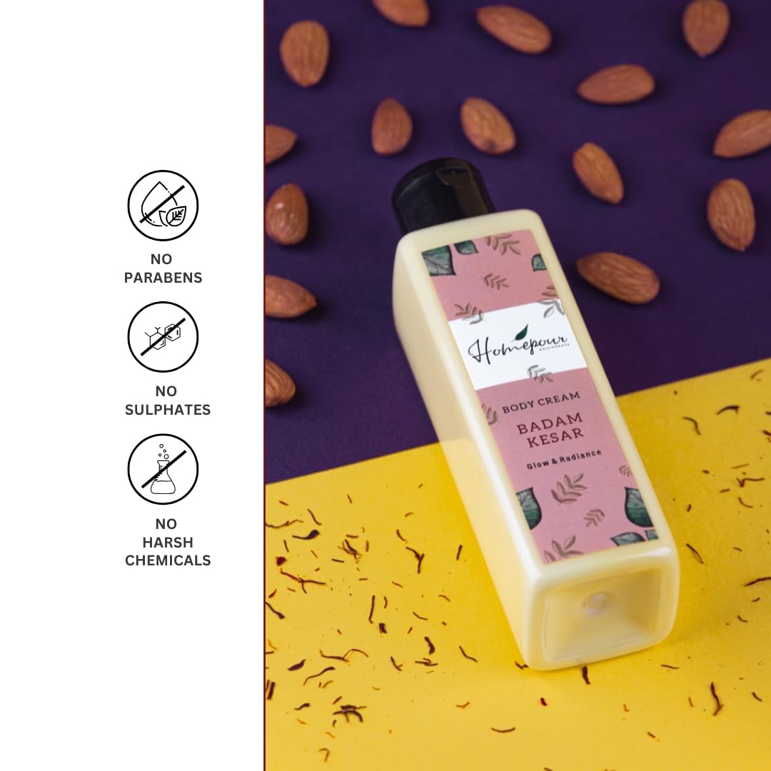 Badam Kesar Body Cream for Glowing Skin - 200g Handmade Moisturizer with Almond & Saffron - Hydrating Body Lotion for Dry Skin Care & Nighttime Routine