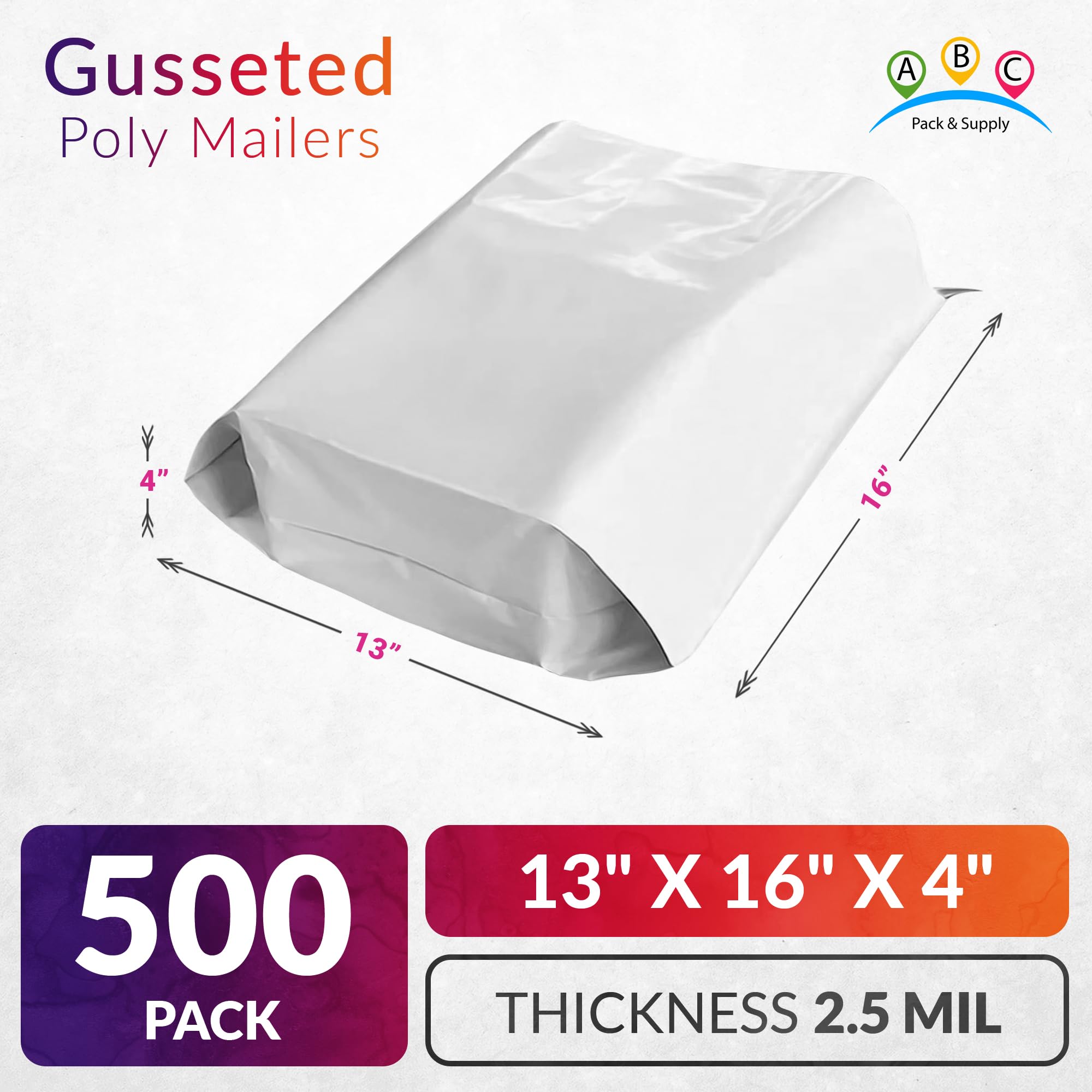 ABC White Gusseted Poly Mailers 13x16x4 Inch - 500 Pack of Expandable Shipping Bags for Clothing, 2.5 Mil Durable Polyethylene Envelopes - Perfect for Ecommerce, Retail Packaging & Online Store Shipments