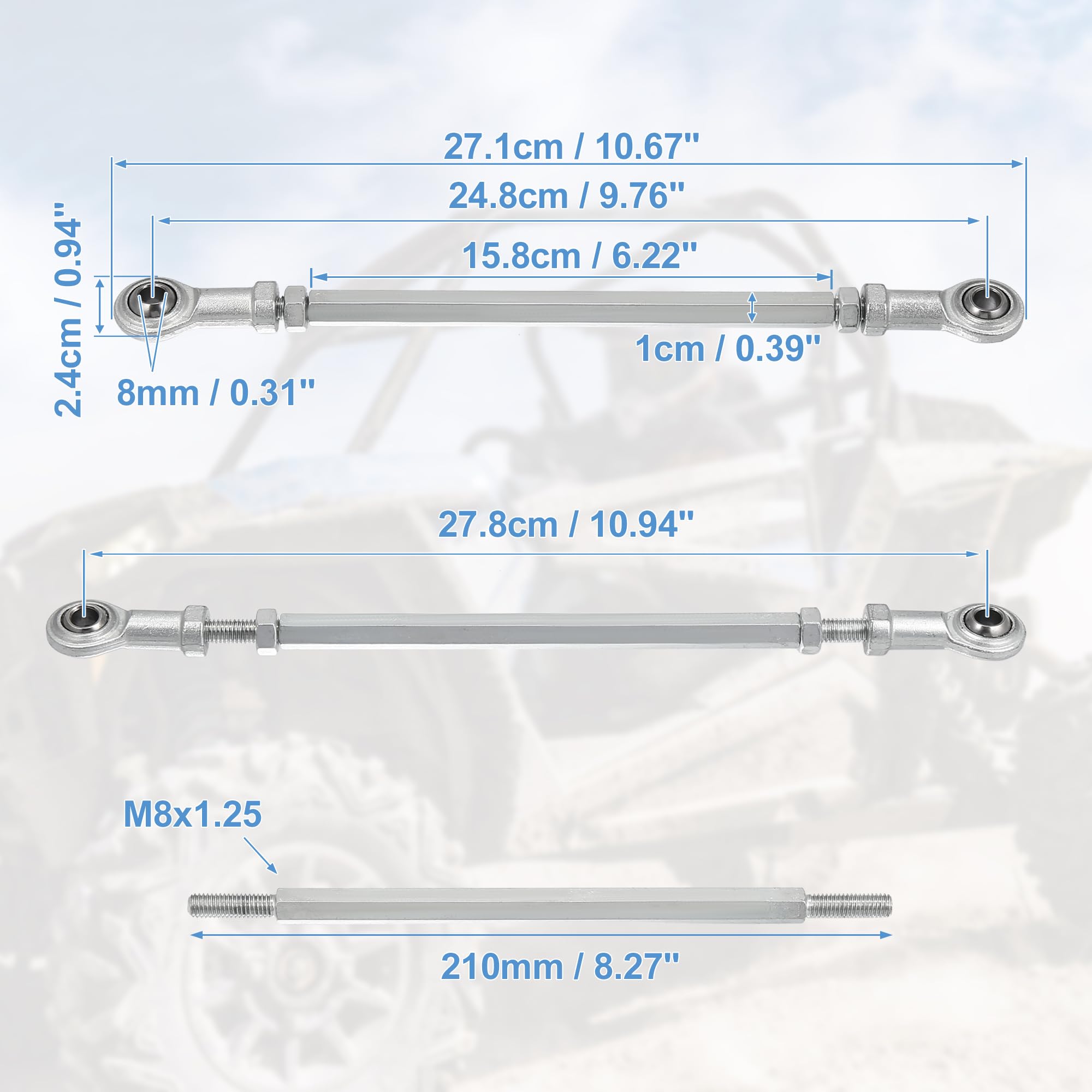 Motoforti 2-Piece 210mm Adjustable Steering Tie Rod Ball Joint with 8mm Hole Diameter - Compatible with 49cc Electric ATV & Go Kart - Silver Tone Steering Suspension Accessory - Perfect for Off-Roading, Racing & DIY Kart Maintenance
