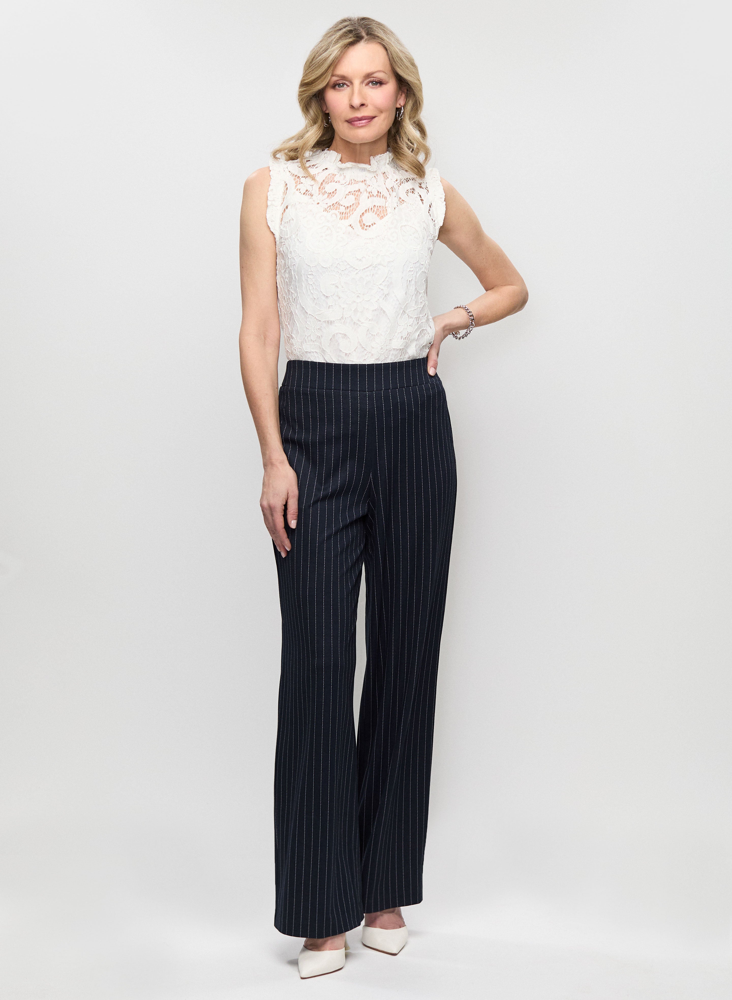 Elegant Cap Sleeve Lace Blouse & Striped Print Pants Set - Women's Fashion Outfit for Casual Wear, Date Night & Office Attire